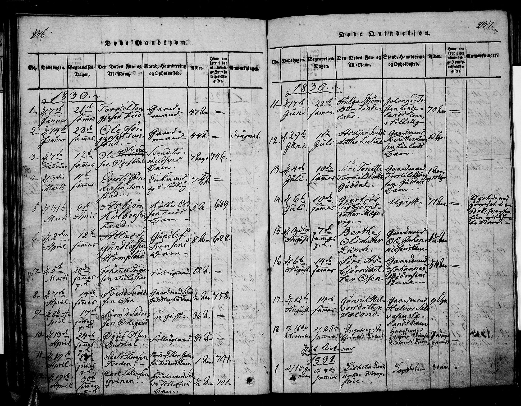 Sirdal sokneprestkontor, AV/SAK-1111-0036/F/Fa/Fab/L0001: Parish register (official) no. A 1, 1815-1834, p. 236-237