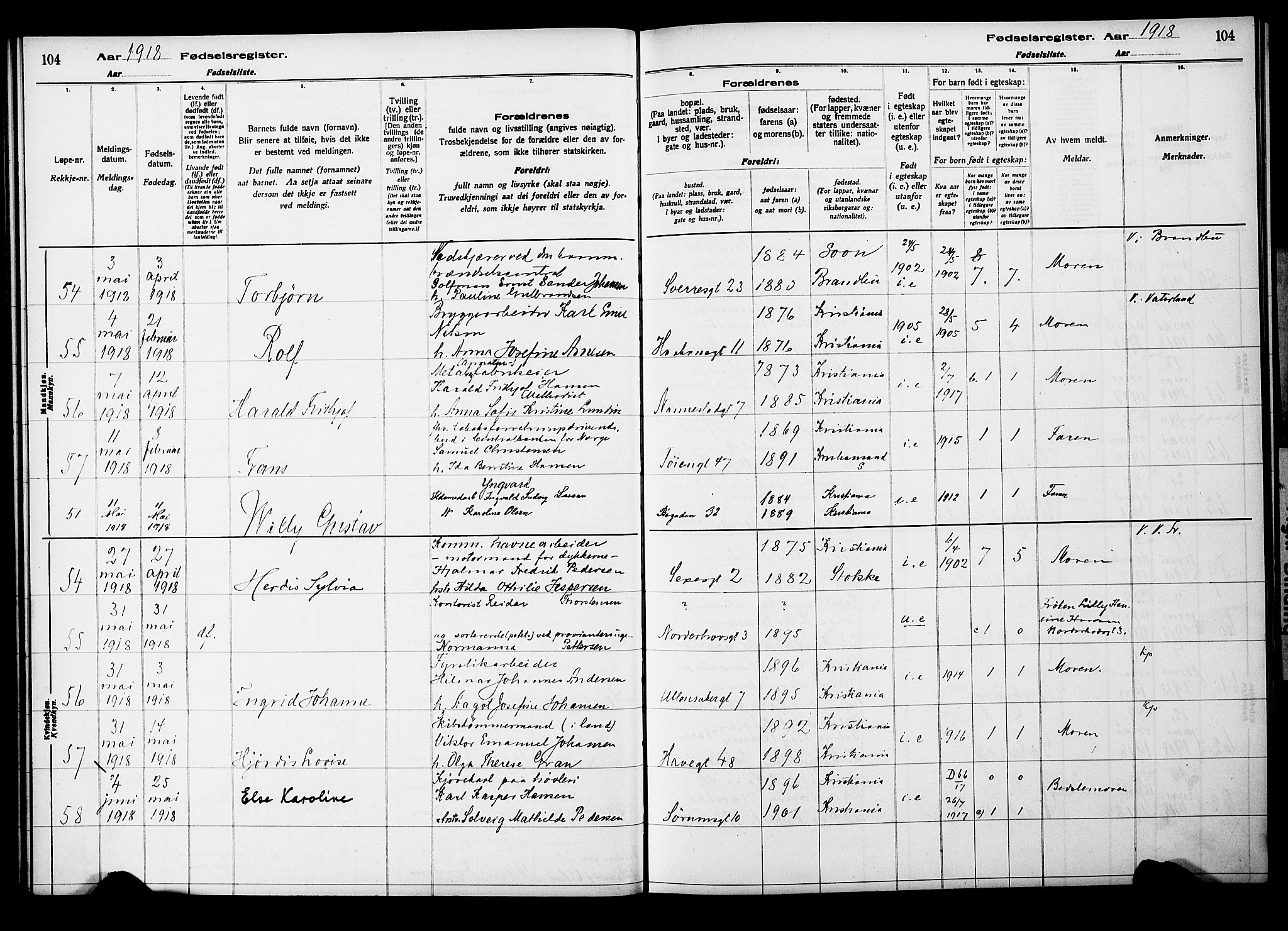 Kampen prestekontor Kirkebøker, SAO/A-10853/J/Ja/L0001: Birth register no. 1, 1916-1920, p. 104