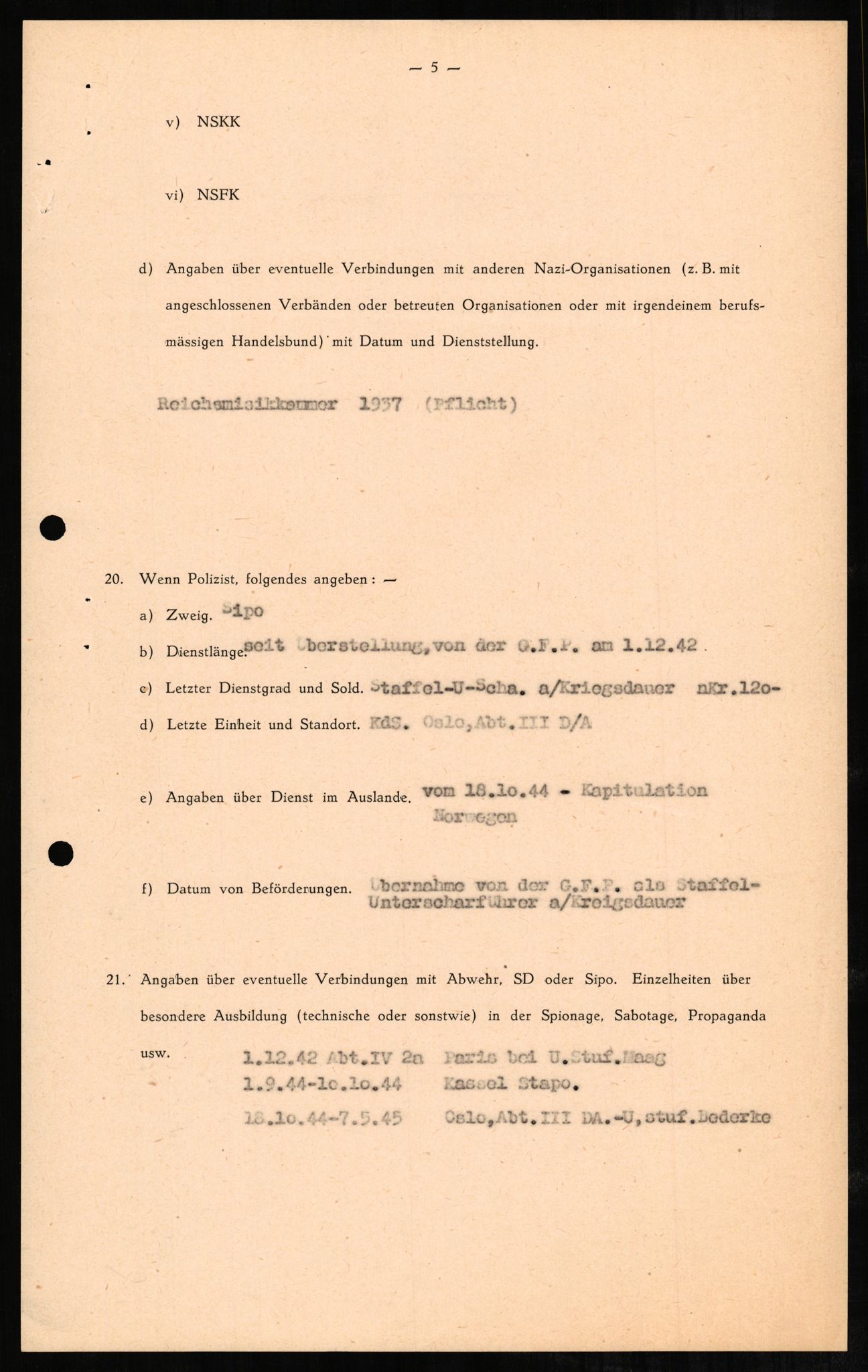 Forsvaret, Forsvarets overkommando II, AV/RA-RAFA-3915/D/Db/L0001: CI Questionaires. Tyske okkupasjonsstyrker i Norge. Tyskere., 1945-1946, p. 24