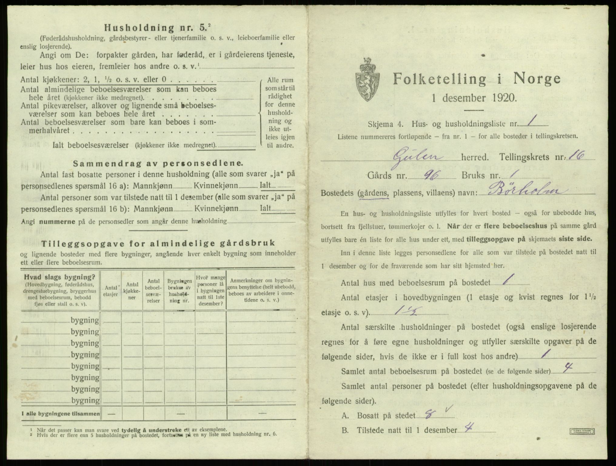 SAB, 1920 census for Gulen, 1920, p. 1037