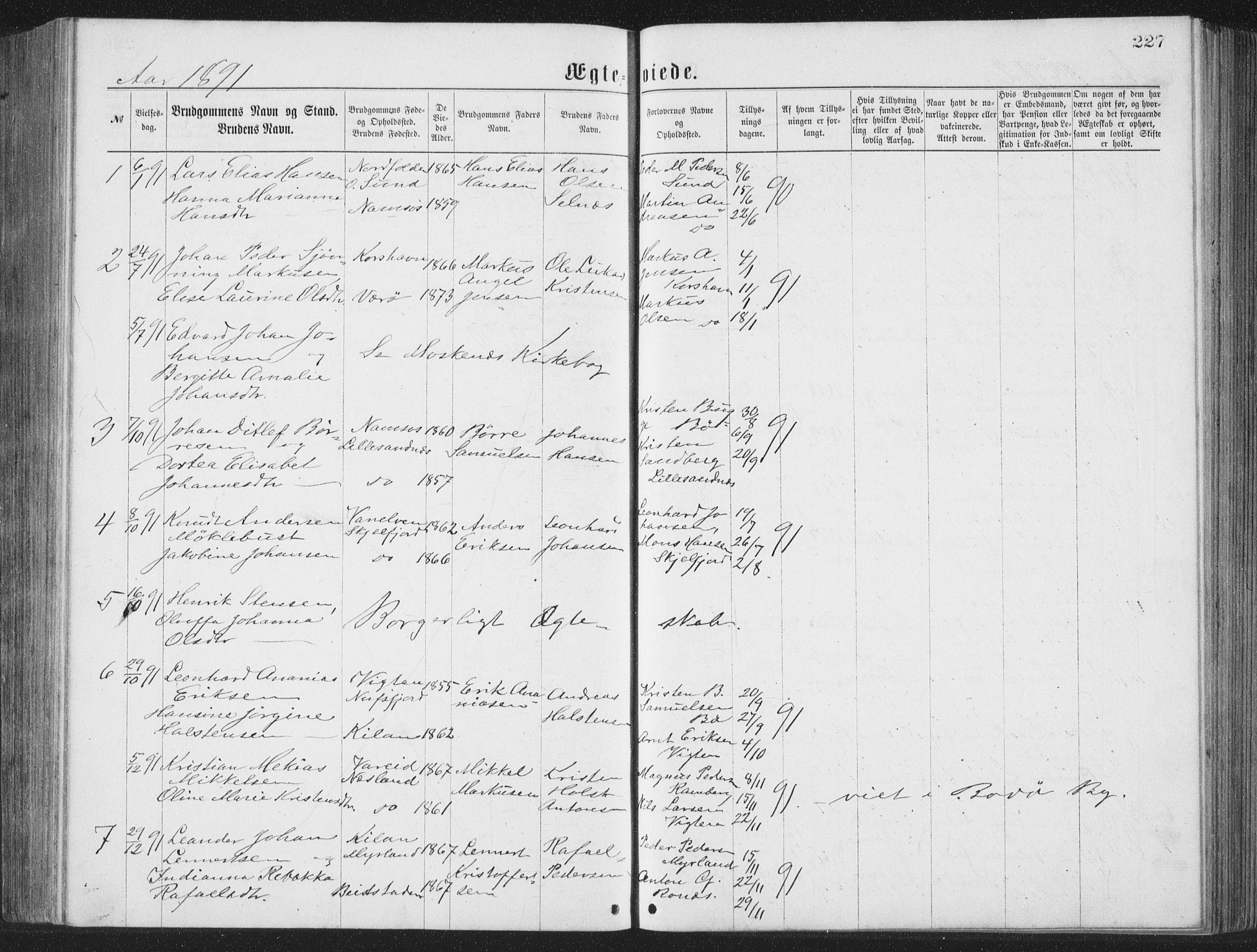 Ministerialprotokoller, klokkerbøker og fødselsregistre - Nordland, AV/SAT-A-1459/885/L1213: Parish register (copy) no. 885C02, 1874-1892, p. 227