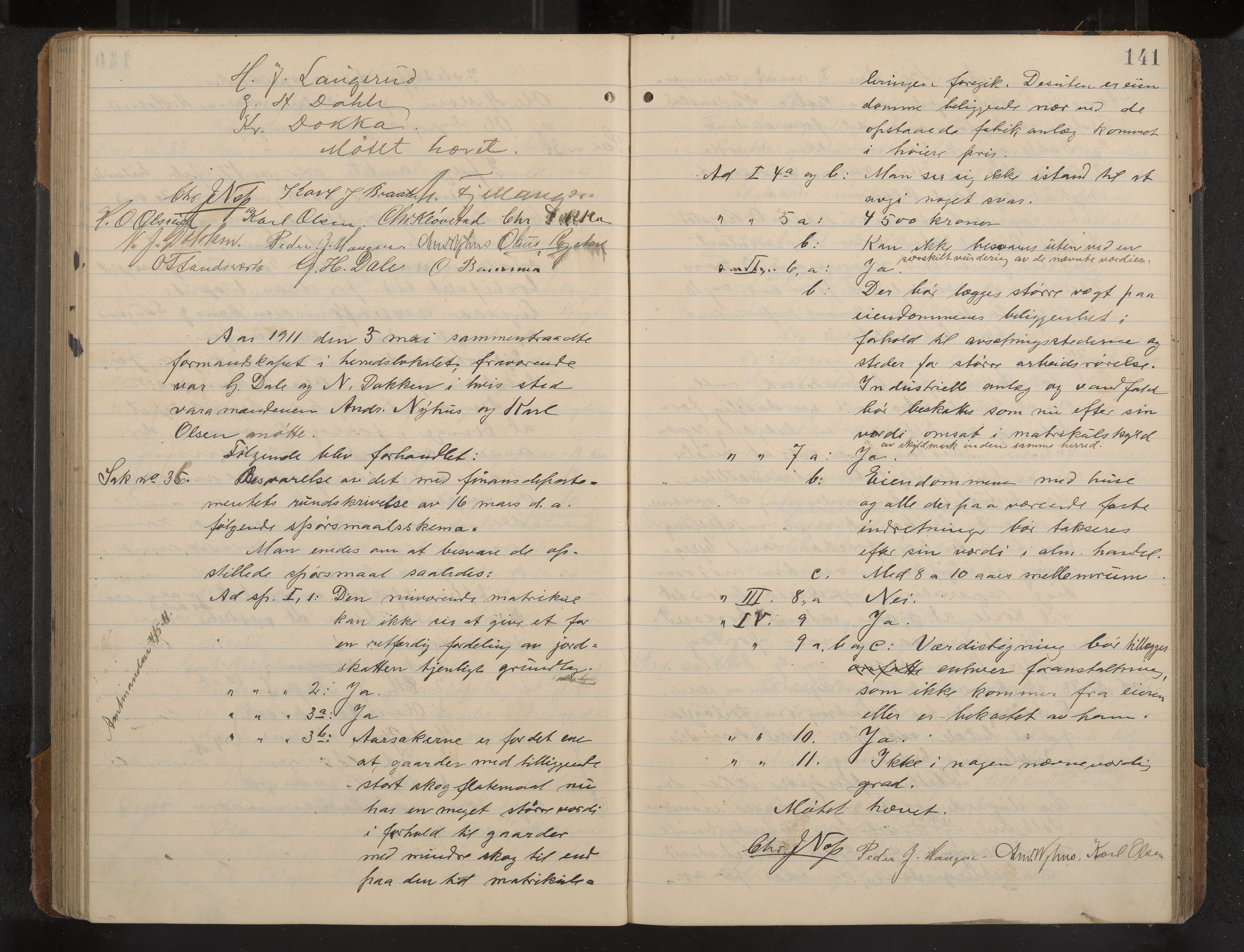 Øvre Sandsvær formannskap og sentraladministrasjon, IKAK/0630021/A/L0001: Møtebok med register, 1908-1913, p. 141