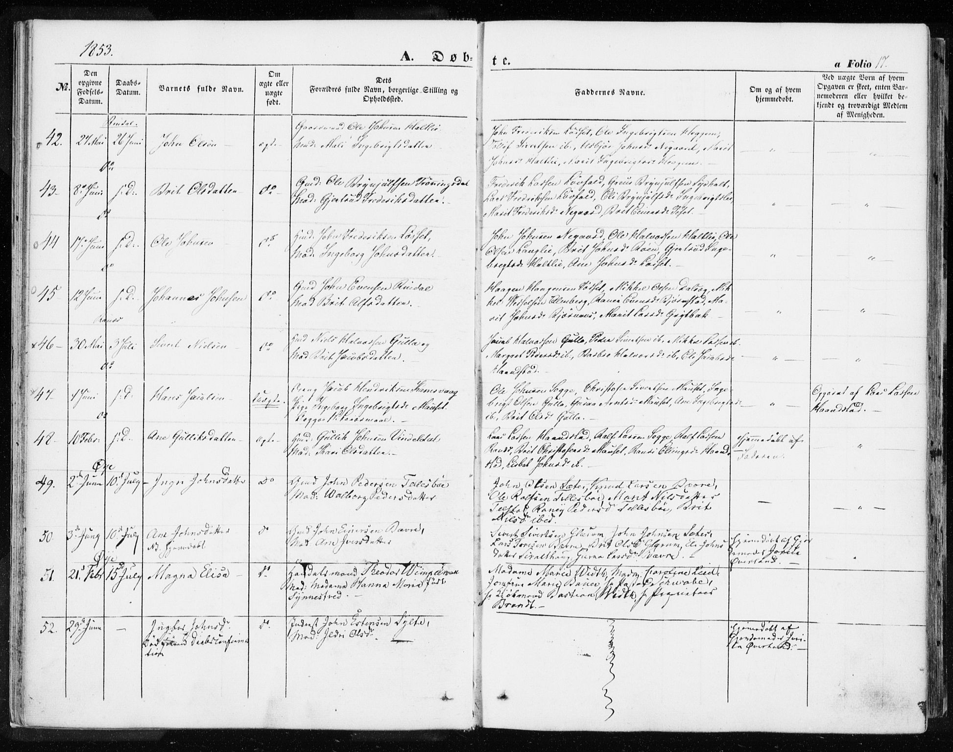 Ministerialprotokoller, klokkerbøker og fødselsregistre - Møre og Romsdal, AV/SAT-A-1454/595/L1044: Parish register (official) no. 595A06, 1852-1863, p. 17