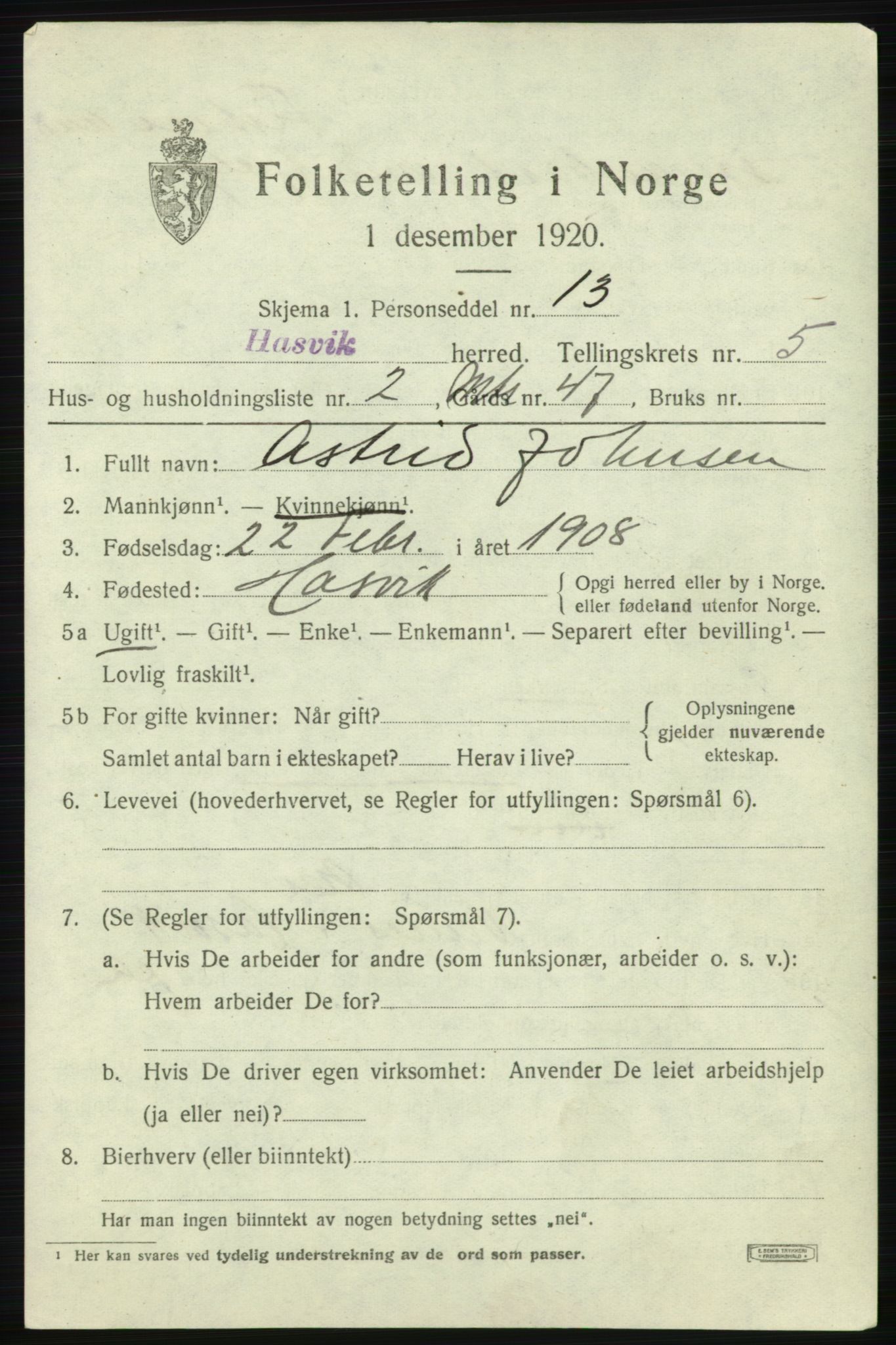 SATØ, 1920 census for Hasvik, 1920, p. 2349