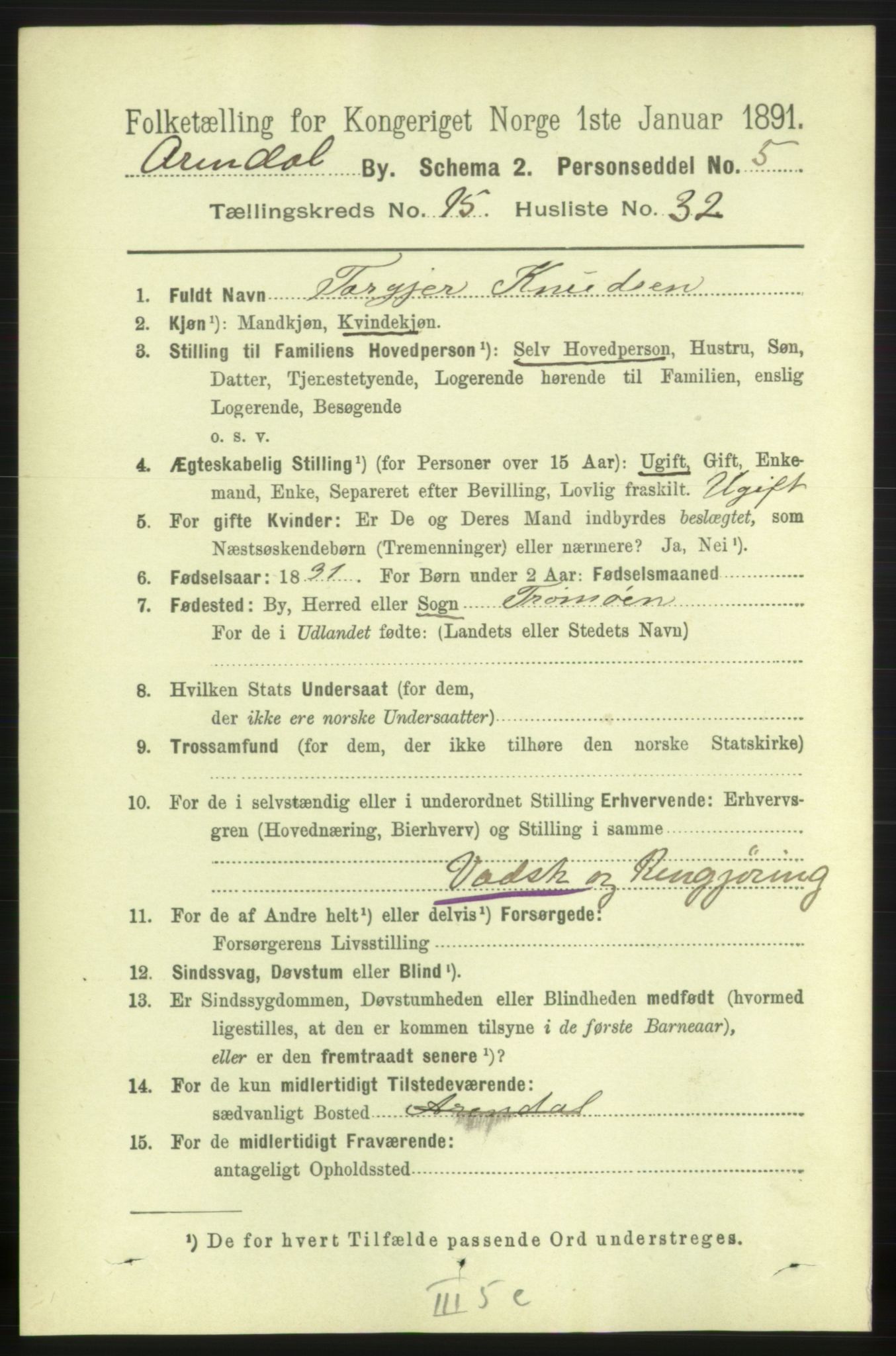 RA, 1891 census for 0903 Arendal, 1891, p. 5340