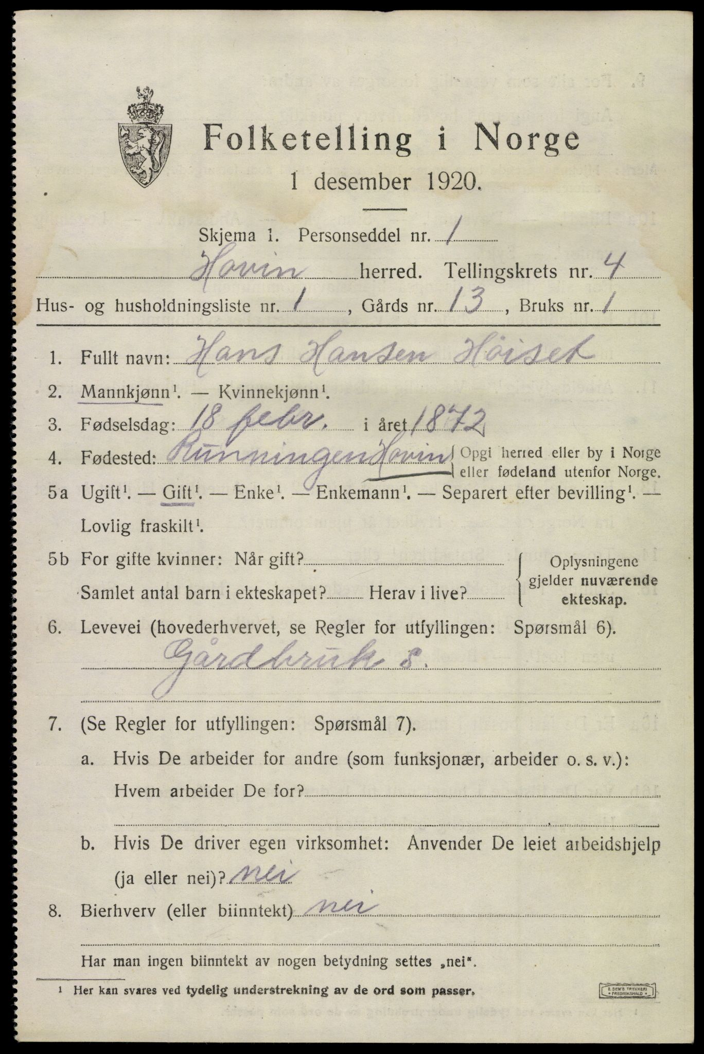 SAKO, 1920 census for Hovin, 1920, p. 1157