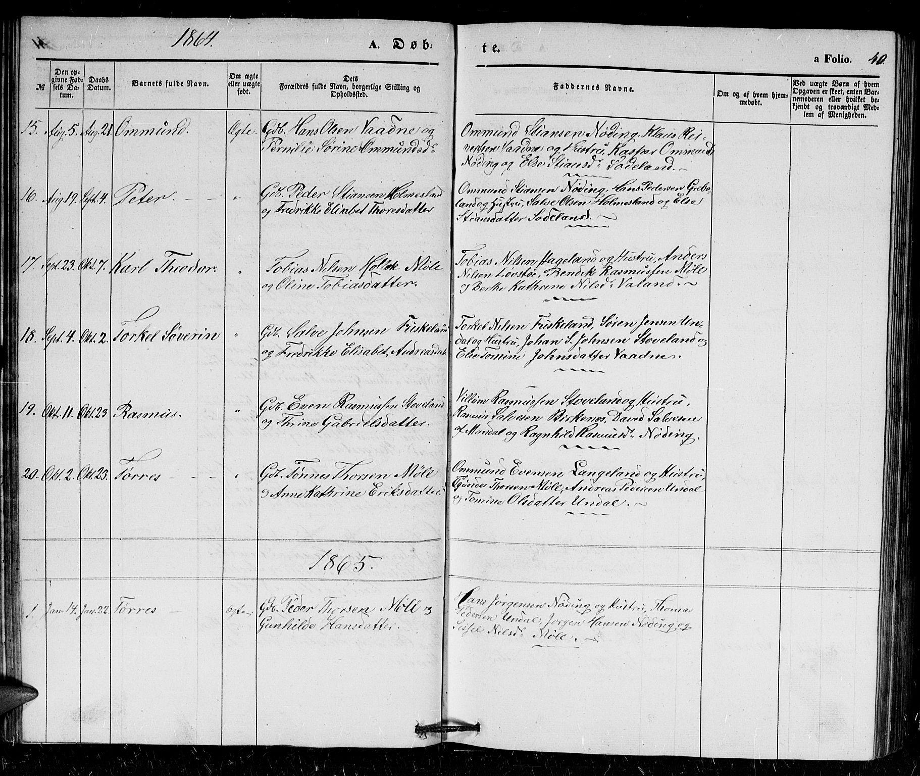 Holum sokneprestkontor, SAK/1111-0022/F/Fb/Fba/L0003: Parish register (copy) no. B 3, 1850-1866, p. 40
