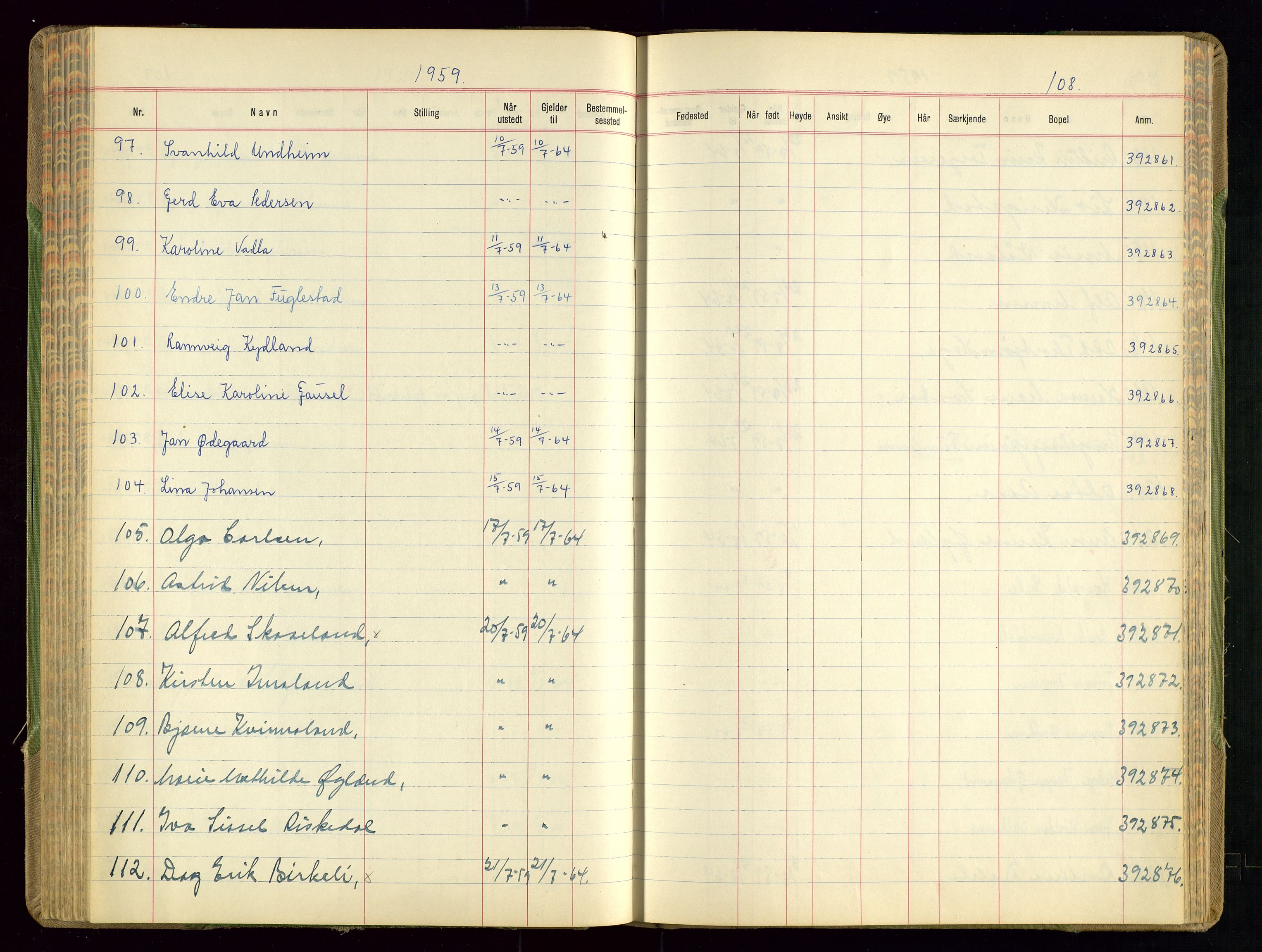 Sandnes politikammer, AV/SAST-A-100446/K/L0008: Passprotokoll, 1951-1962, p. 108
