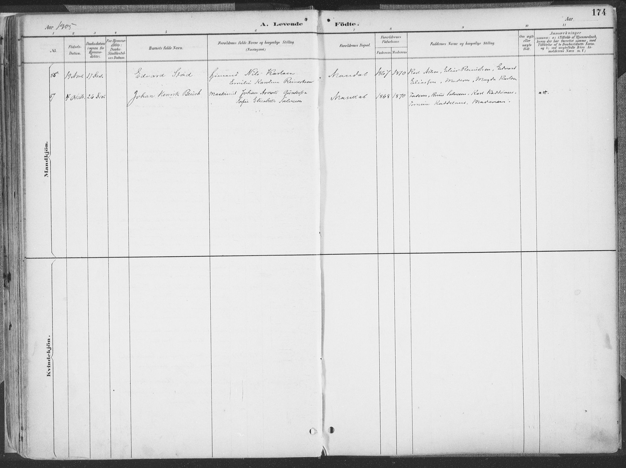 Mandal sokneprestkontor, AV/SAK-1111-0030/F/Fa/Faa/L0018: Parish register (official) no. A 18, 1890-1905, p. 174