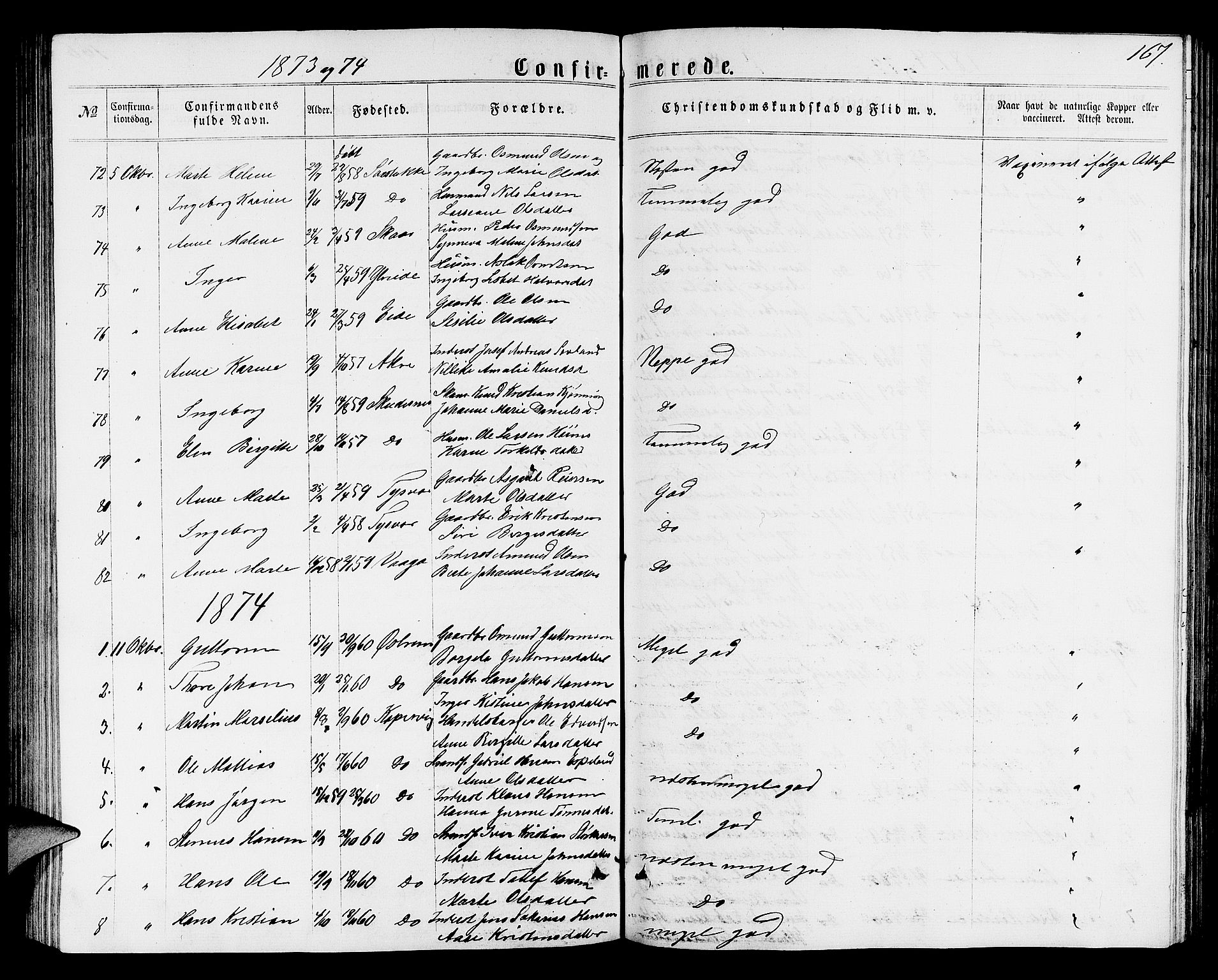 Avaldsnes sokneprestkontor, SAST/A -101851/H/Ha/Hab/L0004: Parish register (copy) no. B 4, 1861-1876, p. 167