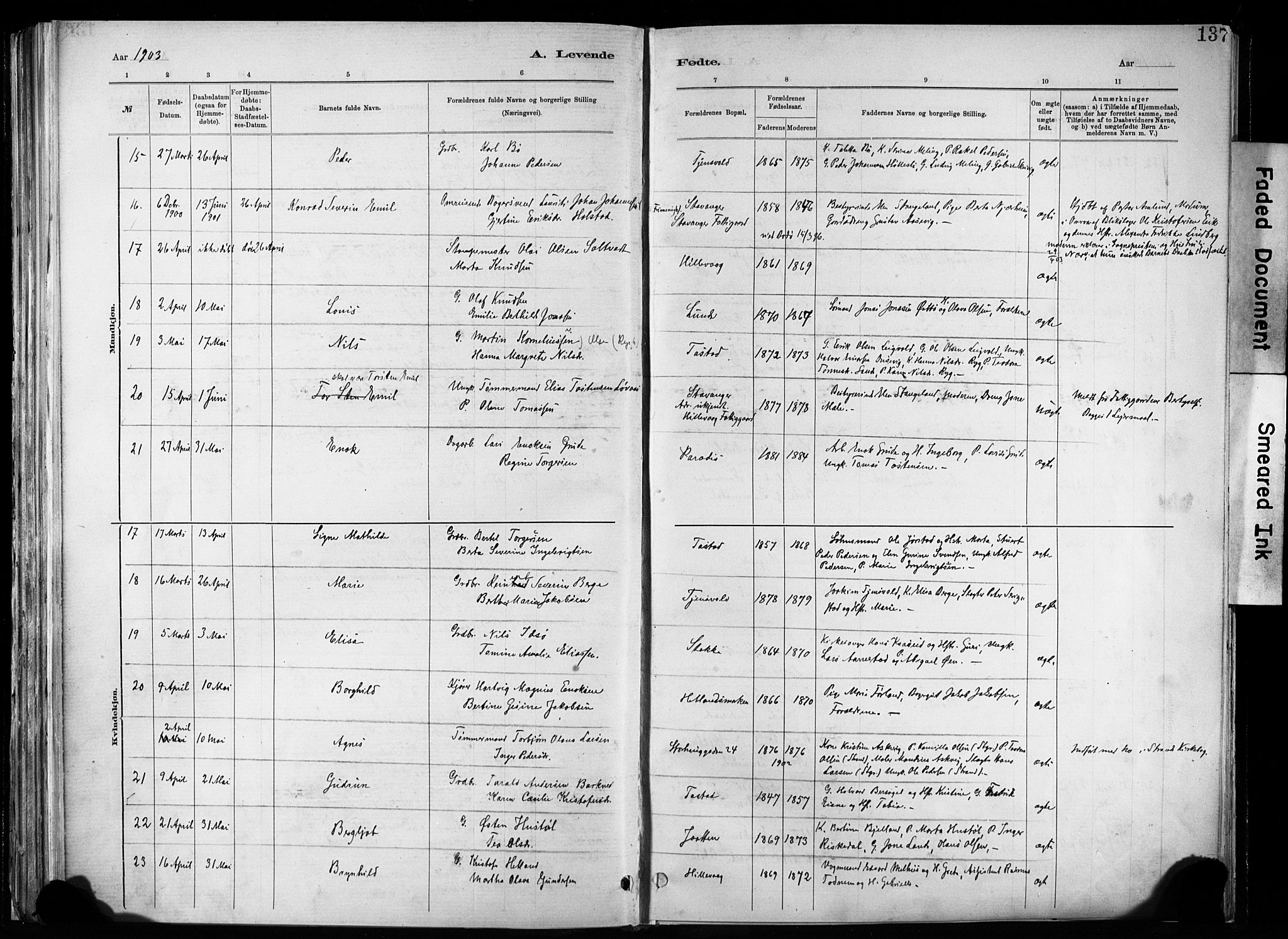 Hetland sokneprestkontor, SAST/A-101826/30/30BA/L0011: Parish register (official) no. A 11, 1884-1911, p. 137