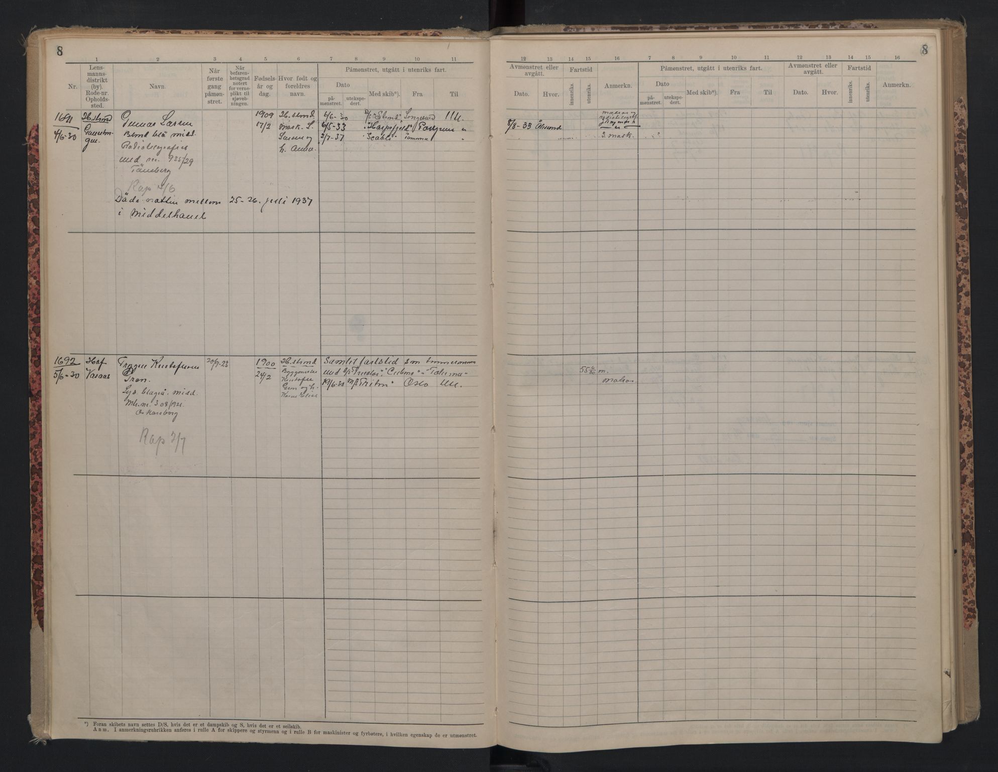 Holmestrand innrulleringskontor, AV/SAKO-A-1151/F/Fc/L0007: Hovedrulle, 1929-1946, p. 8