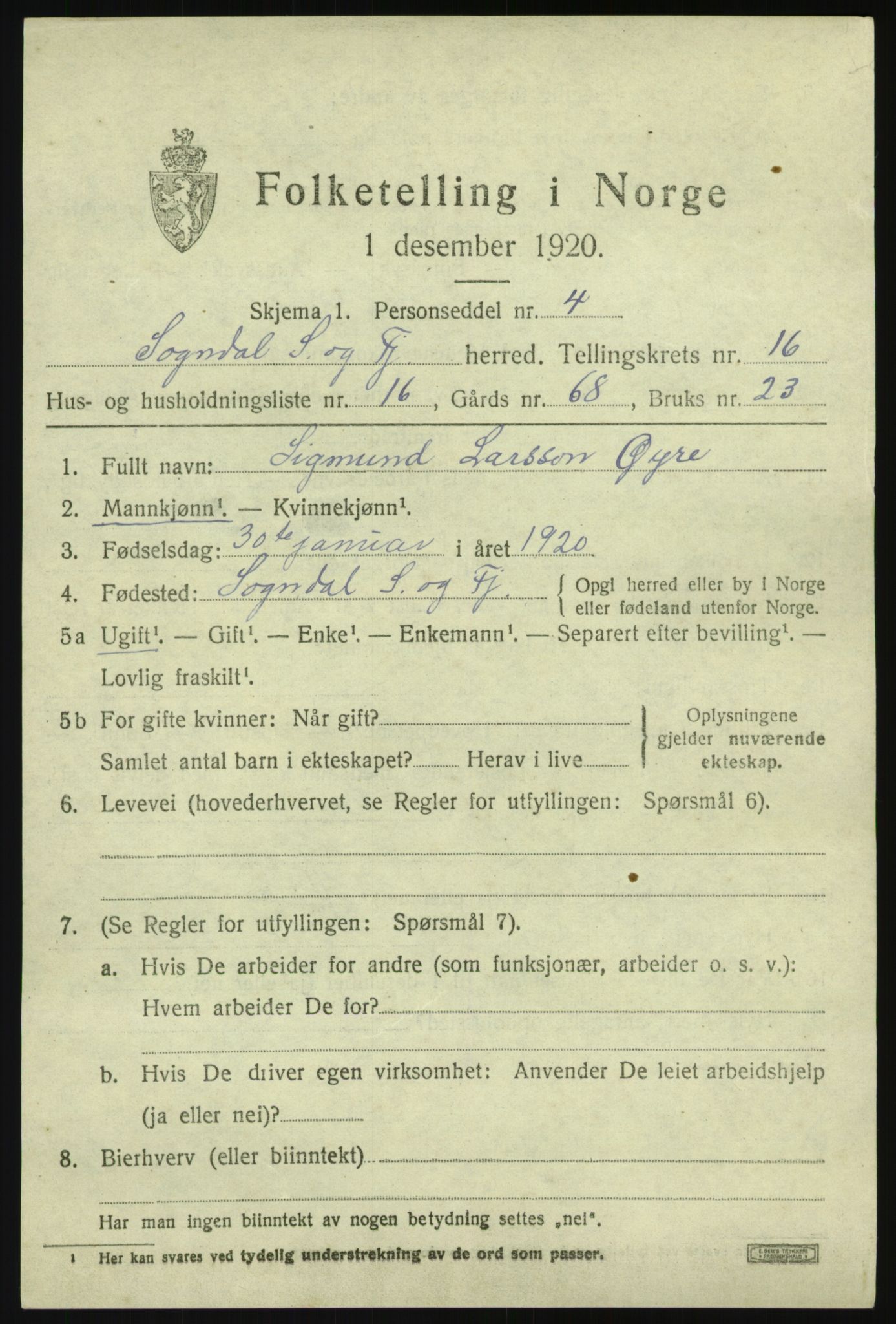 SAB, 1920 census for Sogndal, 1920, p. 6263