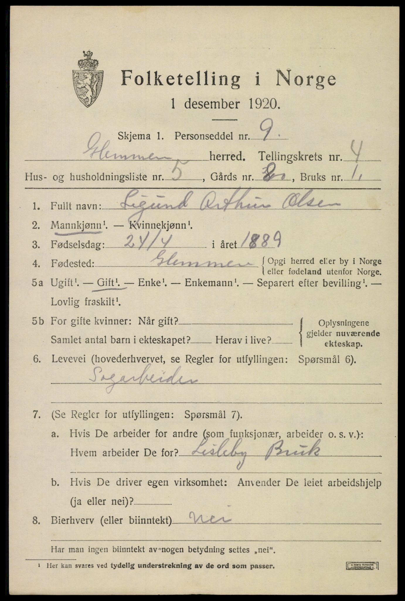 SAO, 1920 census for Glemmen, 1920, p. 15075