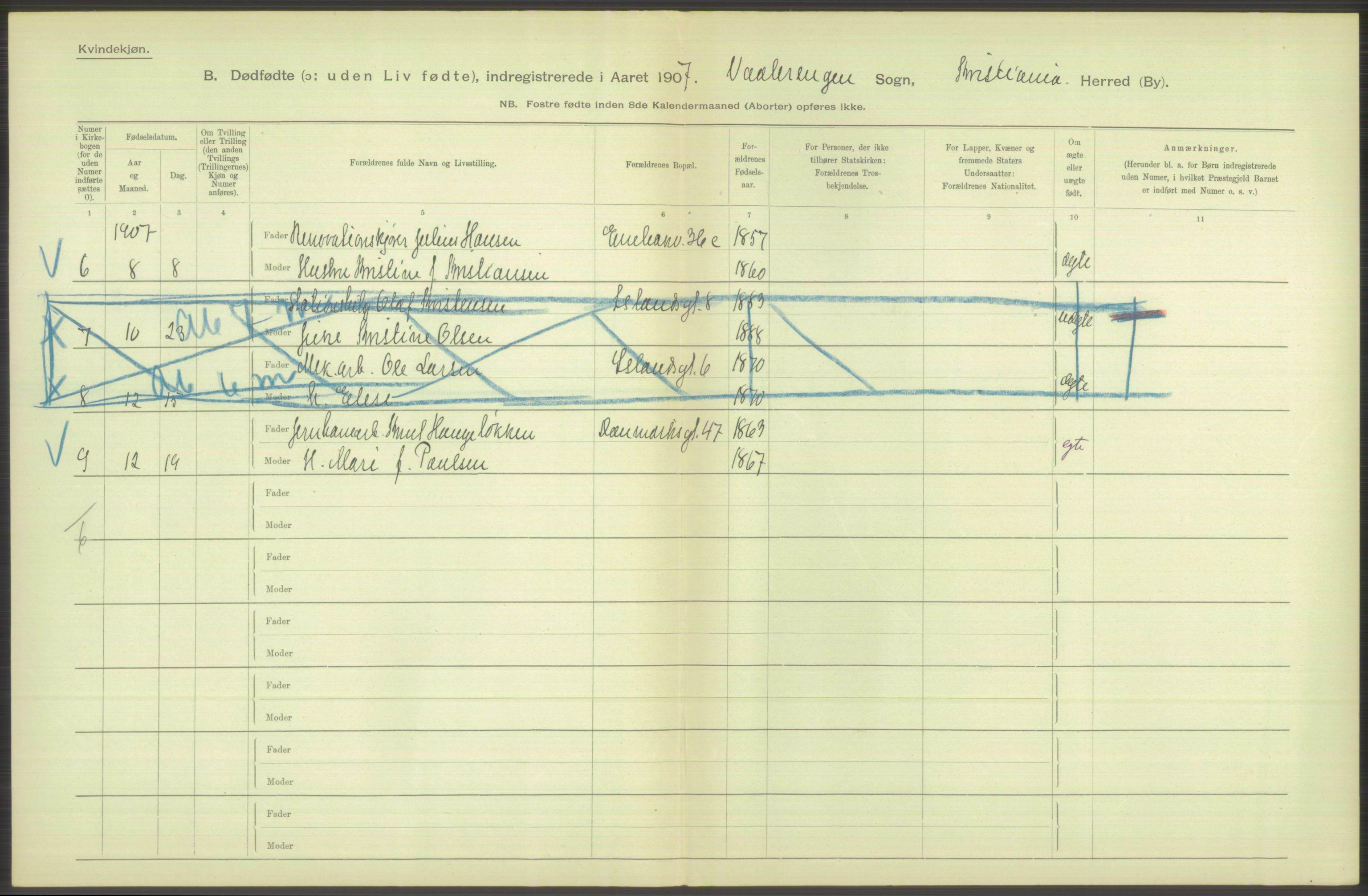 Statistisk sentralbyrå, Sosiodemografiske emner, Befolkning, AV/RA-S-2228/D/Df/Dfa/Dfae/L0010: Kristiania: Døde, dødfødte, 1907, p. 180