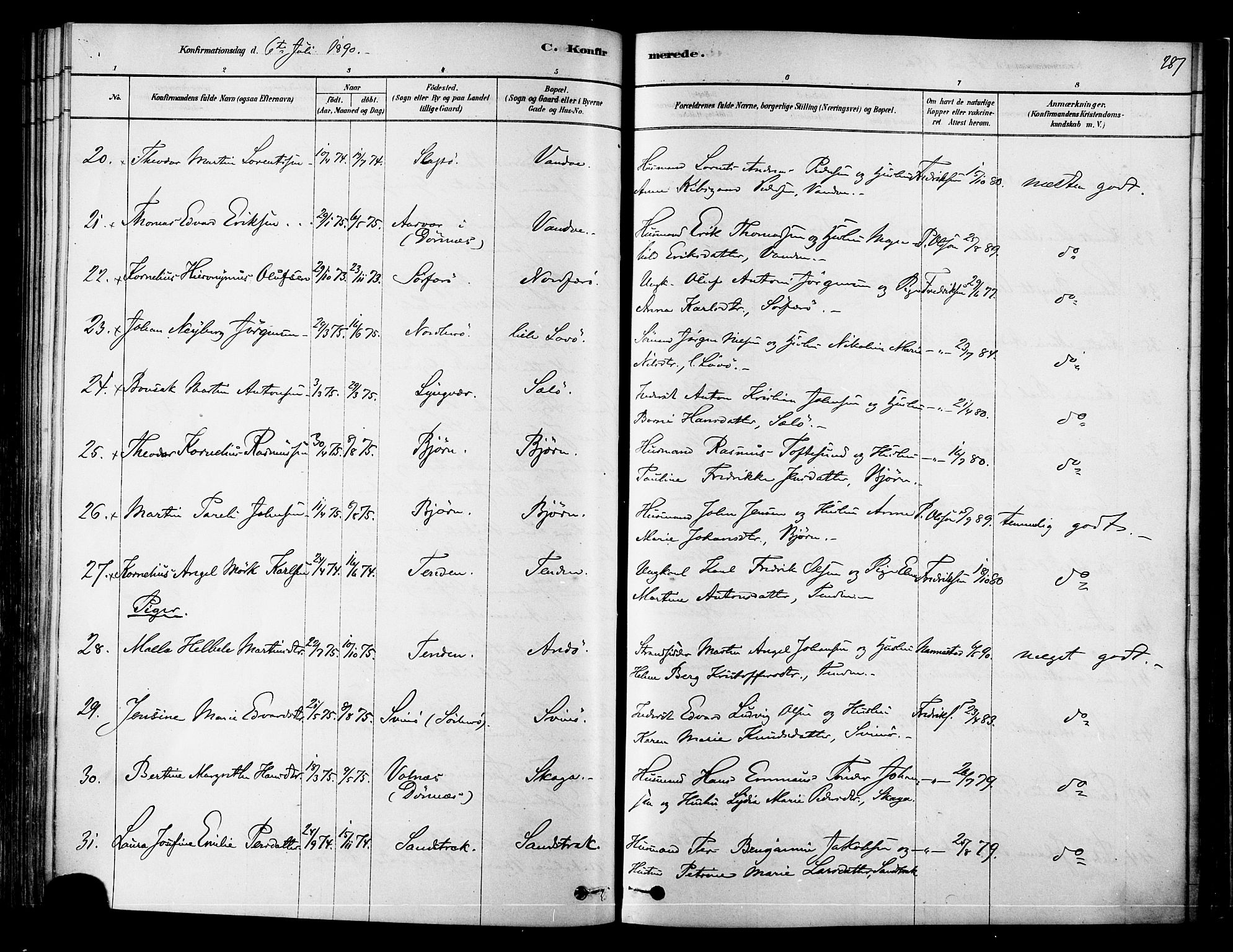 Ministerialprotokoller, klokkerbøker og fødselsregistre - Nordland, AV/SAT-A-1459/834/L0507: Parish register (official) no. 834A05, 1878-1892, p. 287