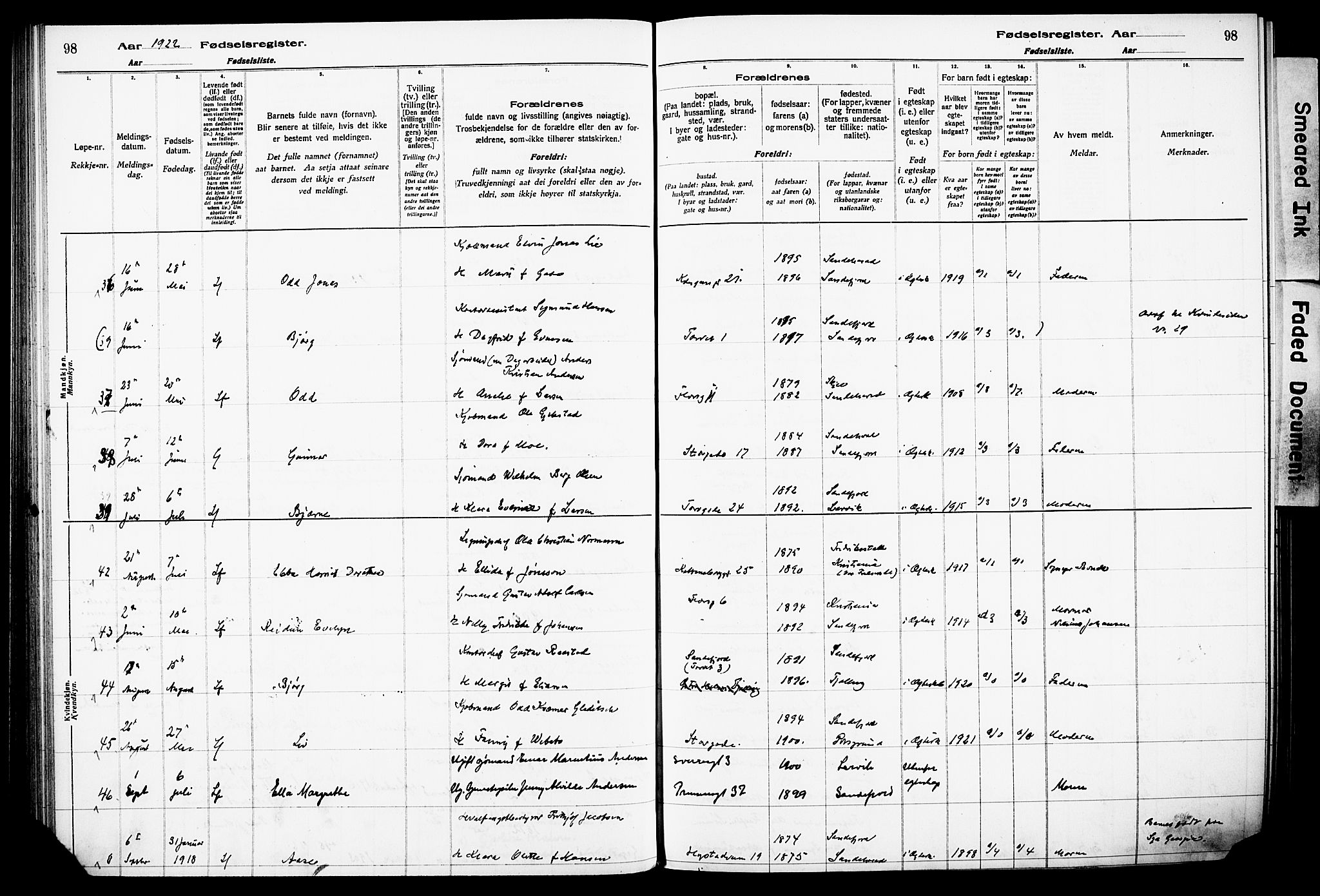 Sandefjord kirkebøker, SAKO/A-315/J/Ja/L0001: Birth register no. 1, 1916-1932, p. 98