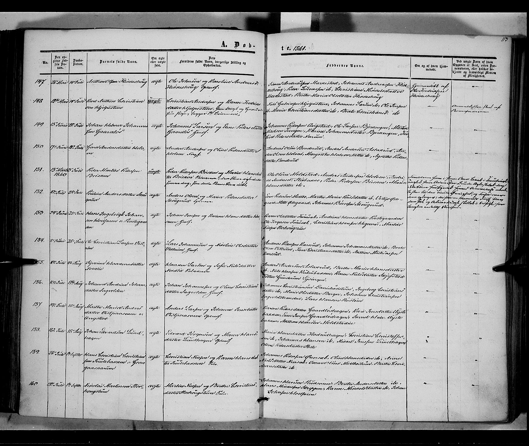 Vestre Toten prestekontor, SAH/PREST-108/H/Ha/Haa/L0006: Parish register (official) no. 6, 1856-1861, p. 113
