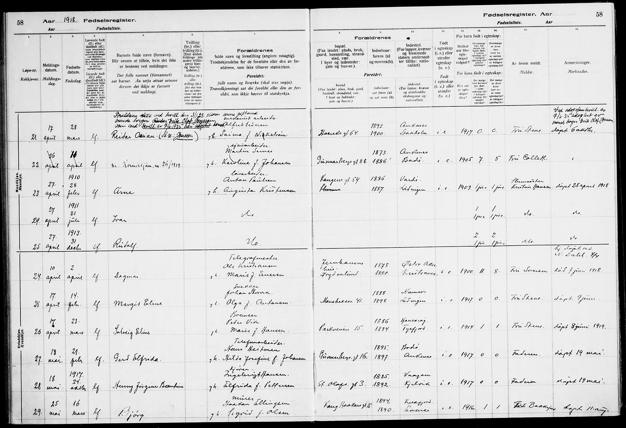 Ministerialprotokoller, klokkerbøker og fødselsregistre - Nordland, AV/SAT-A-1459/871/L1013: Birth register no. 871.II.4.1, 1916-1924, p. 58