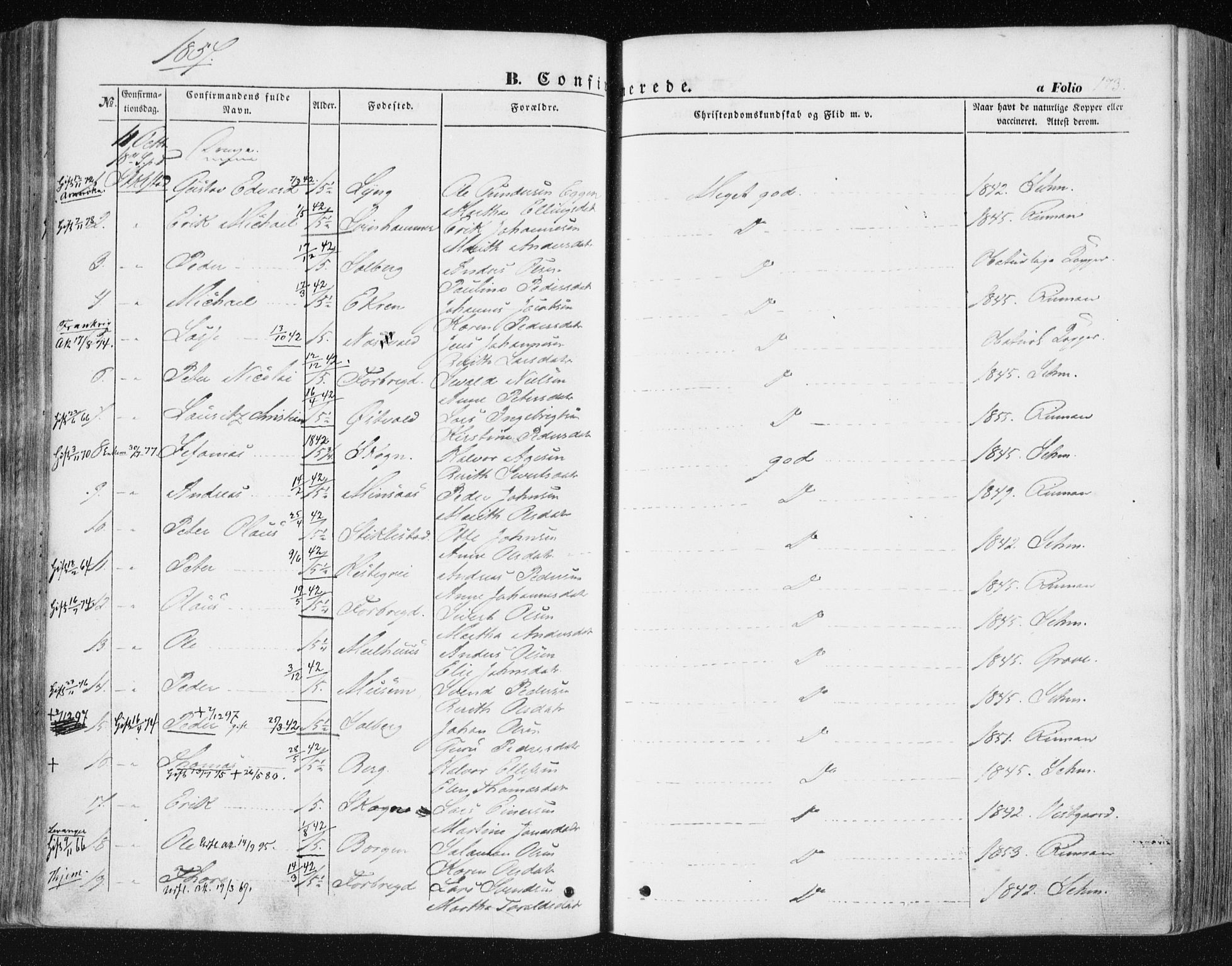 Ministerialprotokoller, klokkerbøker og fødselsregistre - Nord-Trøndelag, SAT/A-1458/723/L0240: Parish register (official) no. 723A09, 1852-1860, p. 173