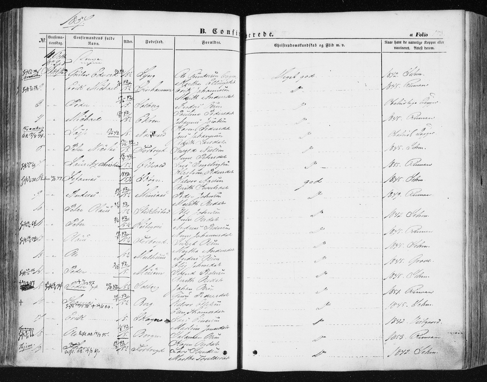 Ministerialprotokoller, klokkerbøker og fødselsregistre - Nord-Trøndelag, AV/SAT-A-1458/723/L0240: Parish register (official) no. 723A09, 1852-1860, p. 173