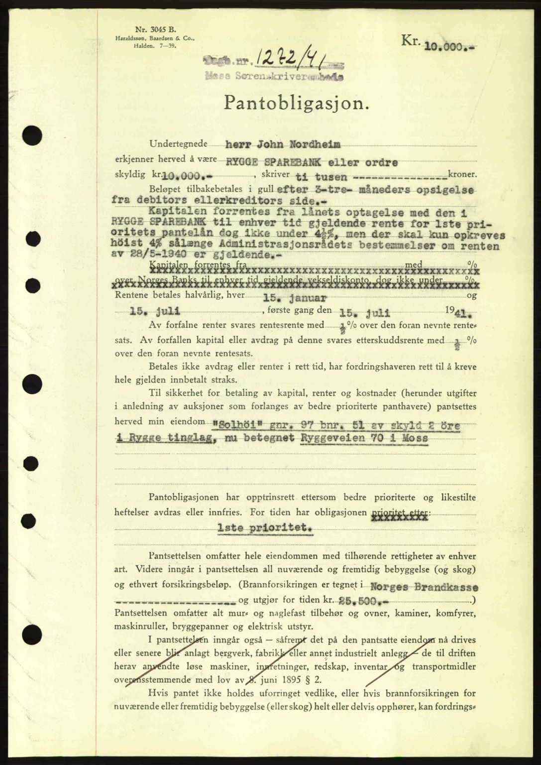 Moss sorenskriveri, SAO/A-10168: Mortgage book no. B10, 1940-1941, Diary no: : 1272/1941