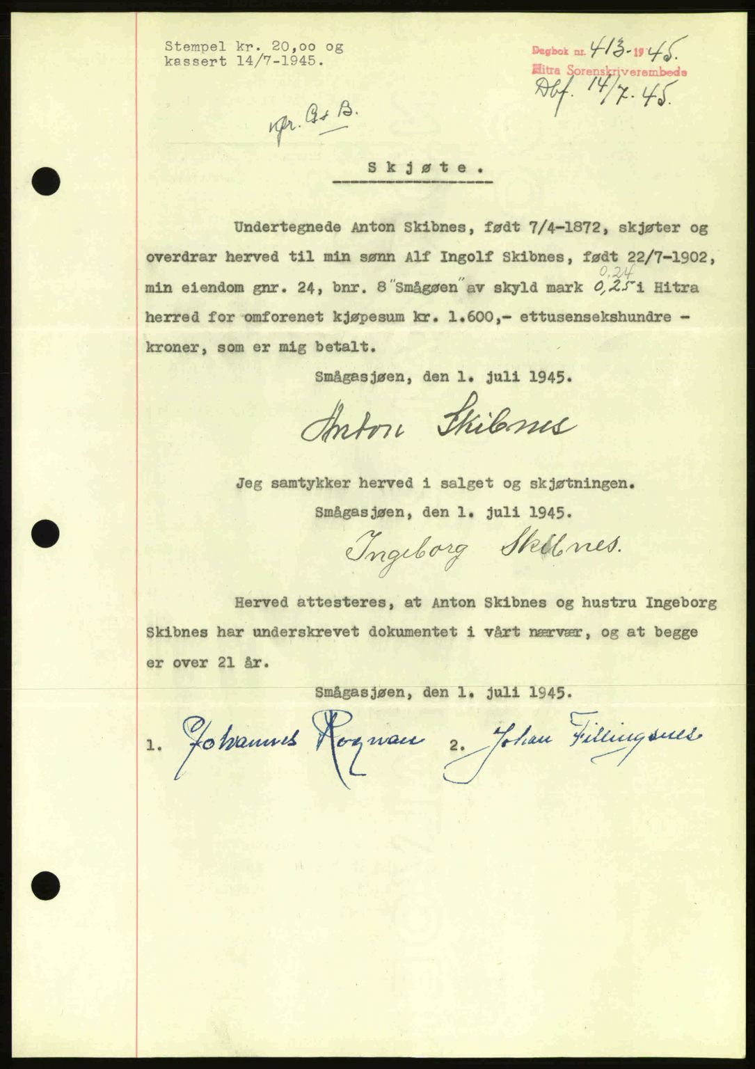 Hitra sorenskriveri, AV/SAT-A-0018/2/2C/2Ca: Mortgage book no. A2, 1943-1945, Diary no: : 413/1945