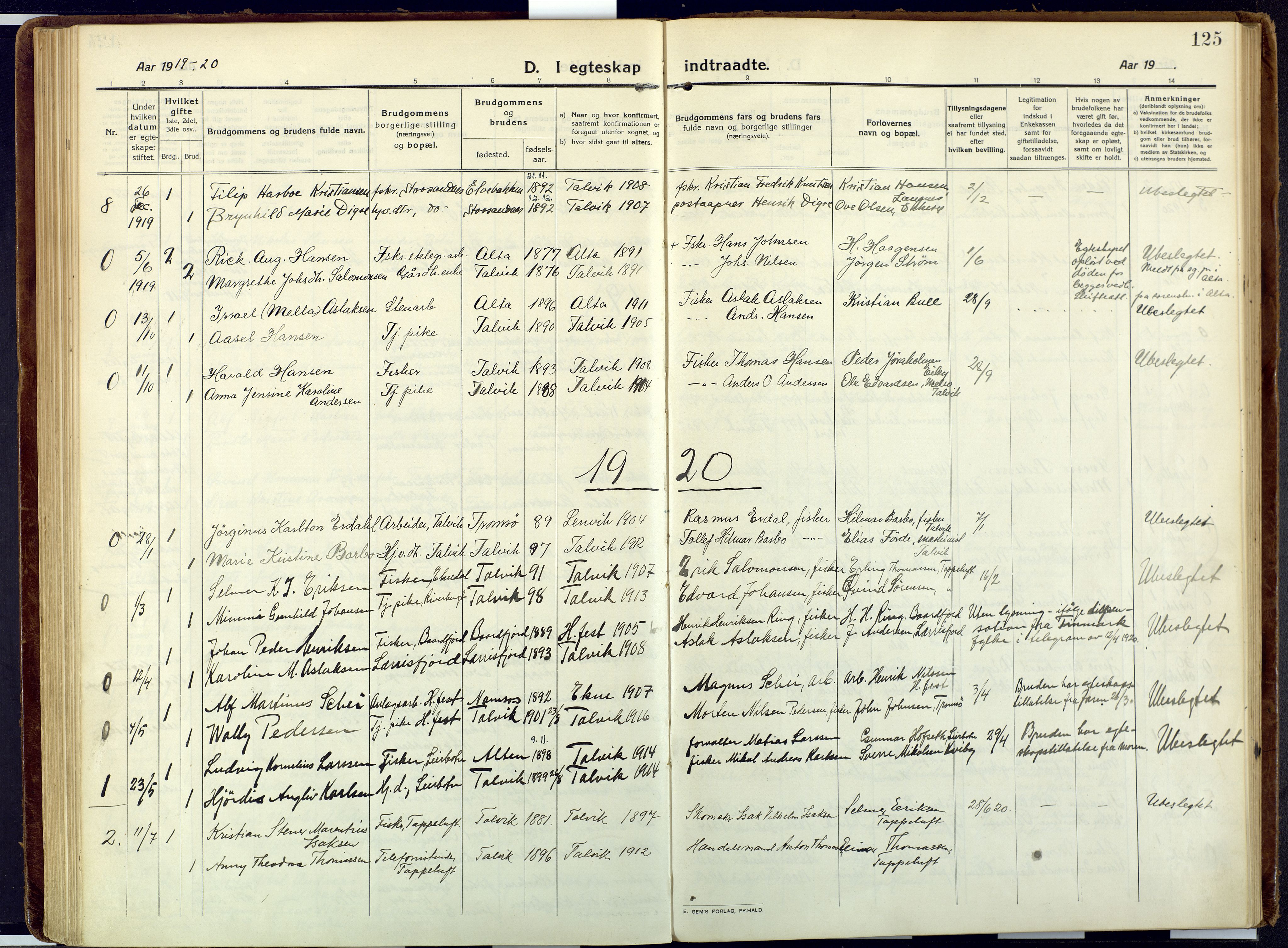 Talvik sokneprestkontor, SATØ/S-1337/H/Ha/L0018kirke: Parish register (official) no. 18, 1915-1924, p. 125
