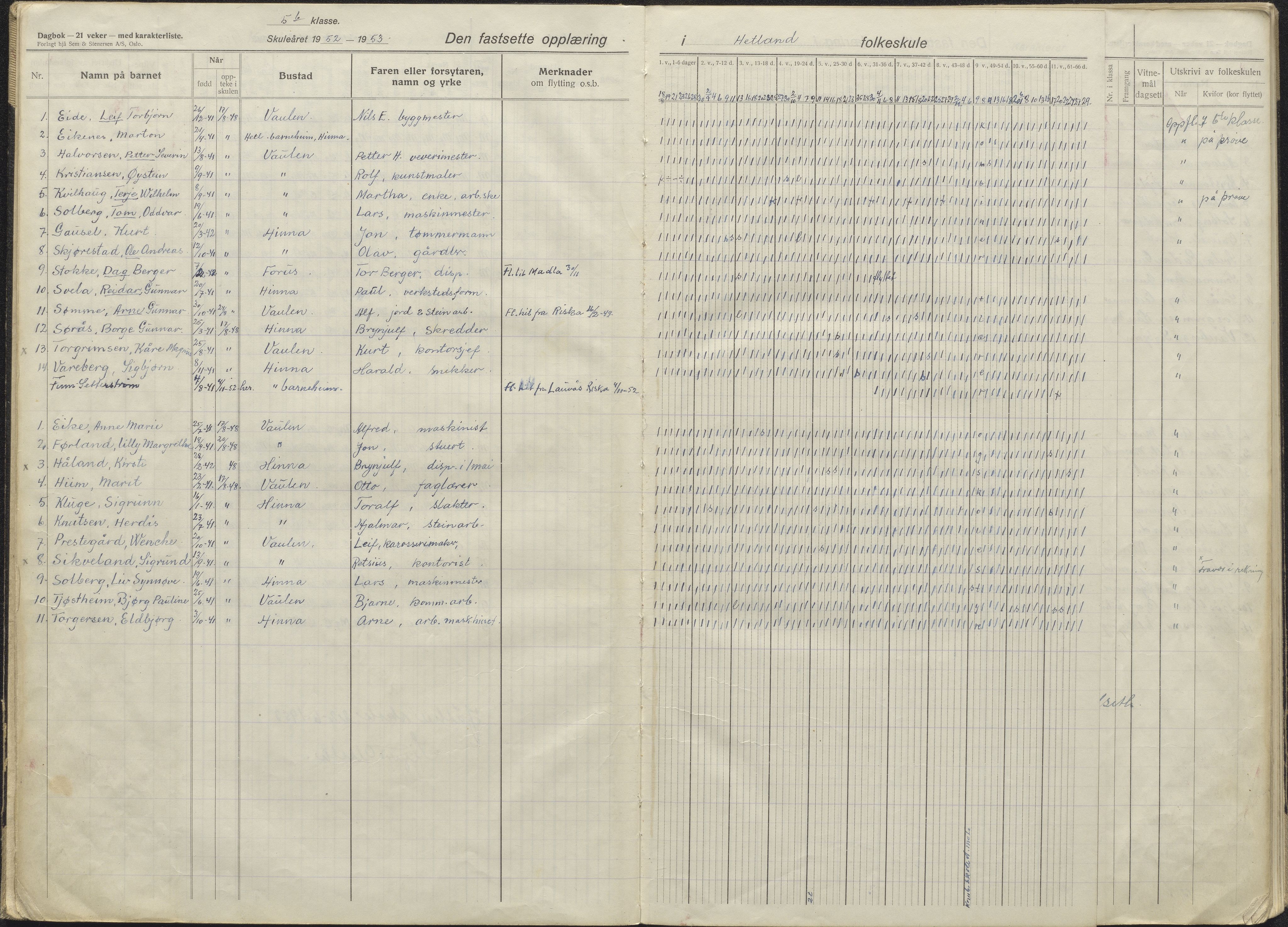 Hetland kommune. Jåtten skole, BYST/A-0148/G/Ga/L0015: Dagbok , 1952-1959