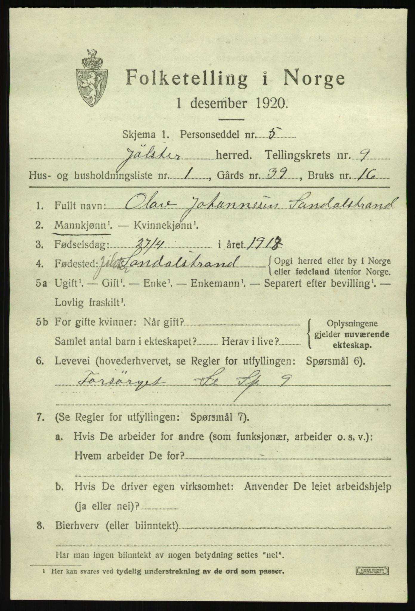 SAB, 1920 census for Jølster, 1920, p. 4318