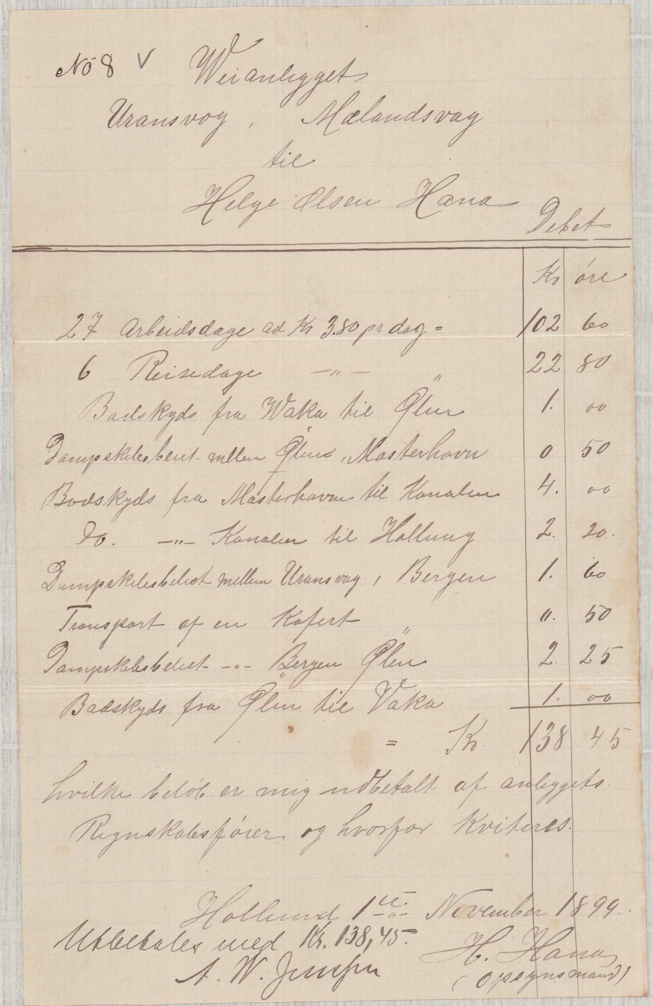 Finnaas kommune. Formannskapet, IKAH/1218a-021/E/Ea/L0002/0001: Rekneskap for veganlegg / Rekneskap for veganlegget Urangsvåg - Mælandsvåg, 1898-1900, p. 103