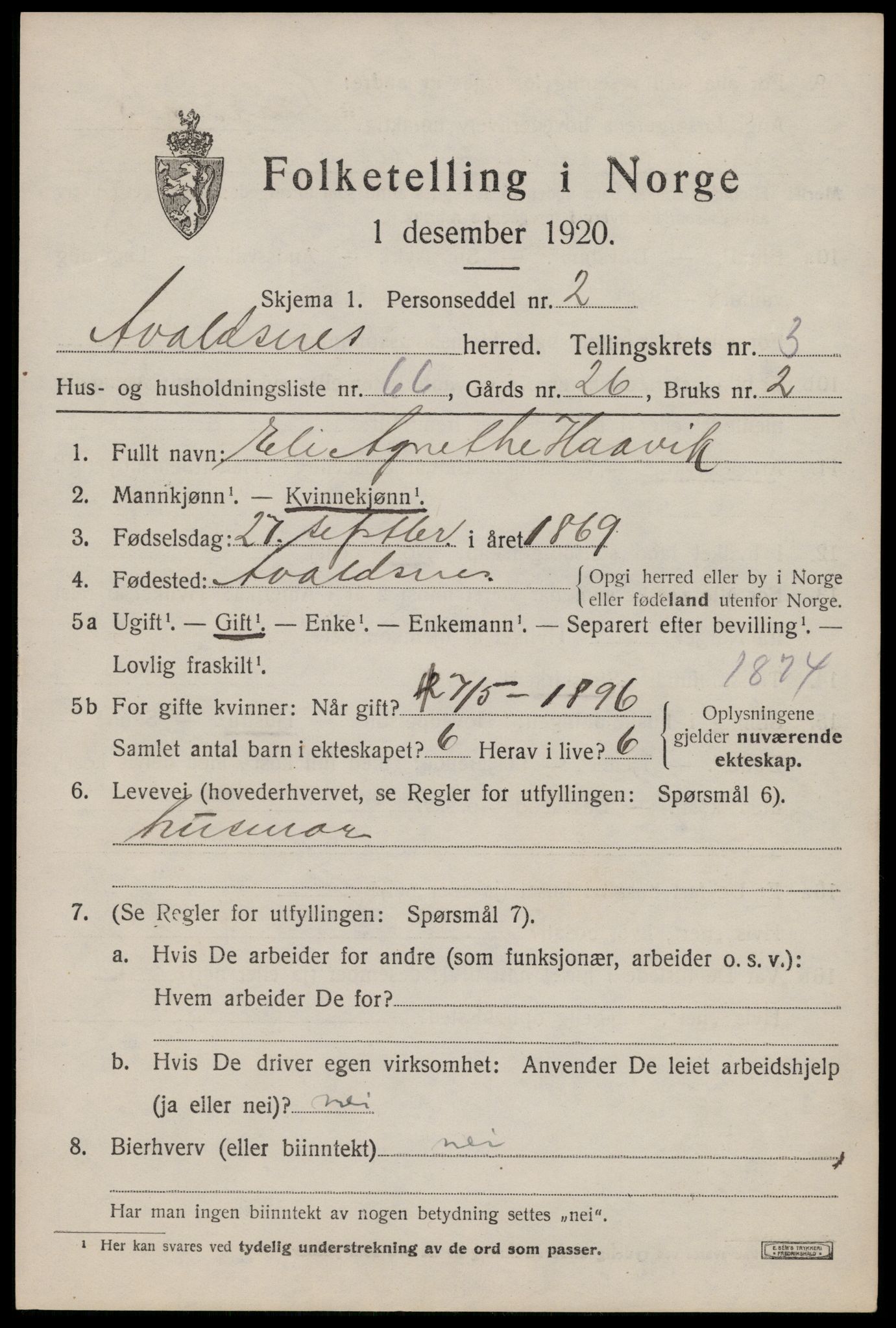 SAST, 1920 census for Avaldsnes, 1920, p. 3517