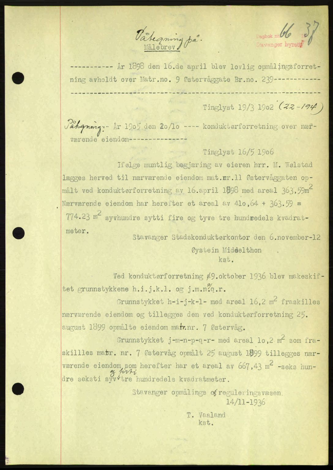 Stavanger byrett, SAST/A-100455/002/G/Gb/L0012: Mortgage book no. A2, 1936-1937, Diary no: : 66/1937