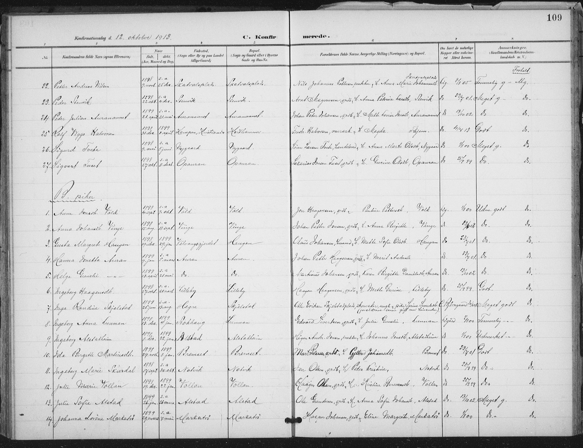 Ministerialprotokoller, klokkerbøker og fødselsregistre - Nord-Trøndelag, SAT/A-1458/712/L0101: Parish register (official) no. 712A02, 1901-1916, p. 109