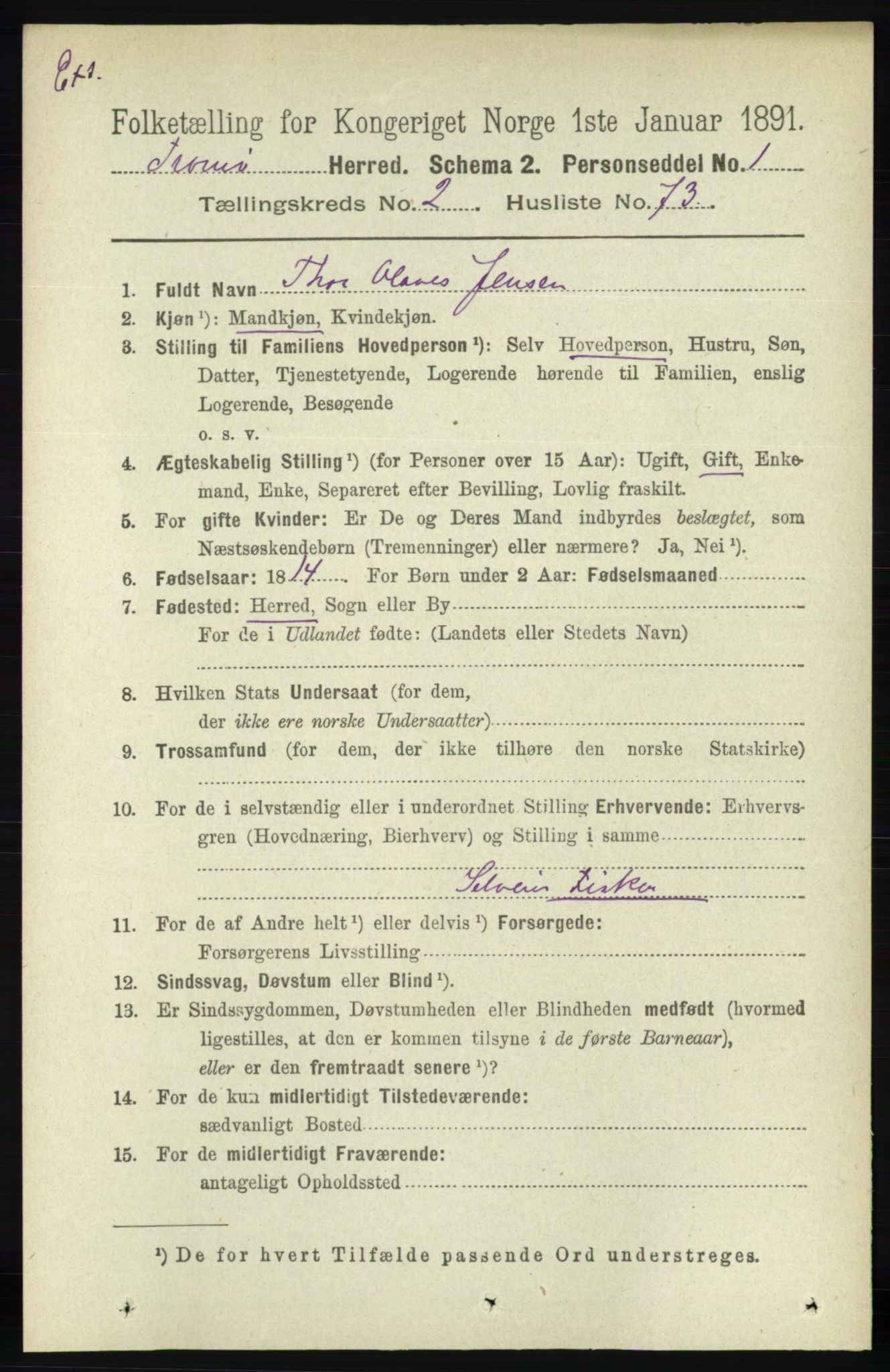 RA, Census 1891 for Nedenes amt: Gjenparter av personsedler for beslektede ektefeller, menn, 1891, p. 565