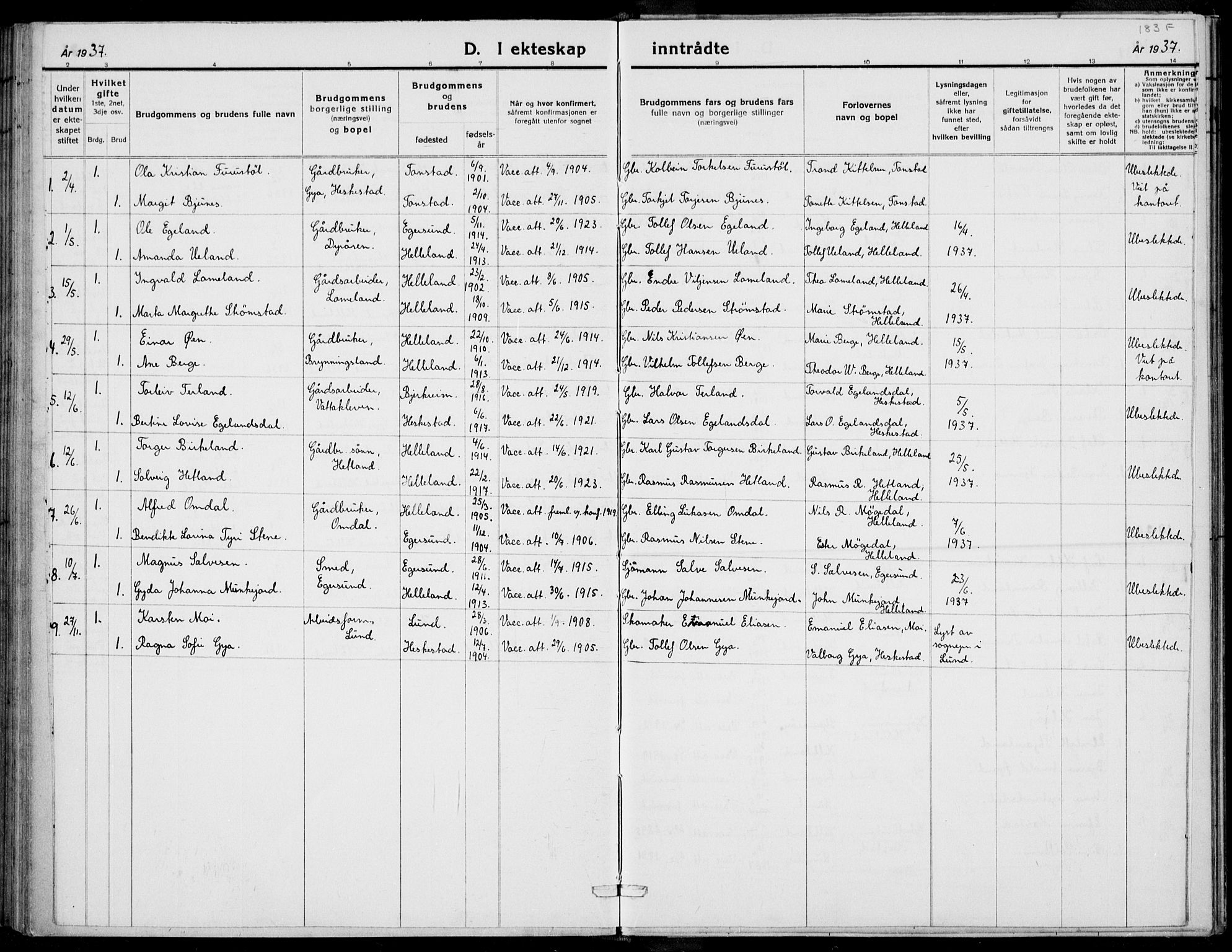 Helleland sokneprestkontor, AV/SAST-A-101810: Parish register (copy) no. B 4, 1887-1941, p. 183