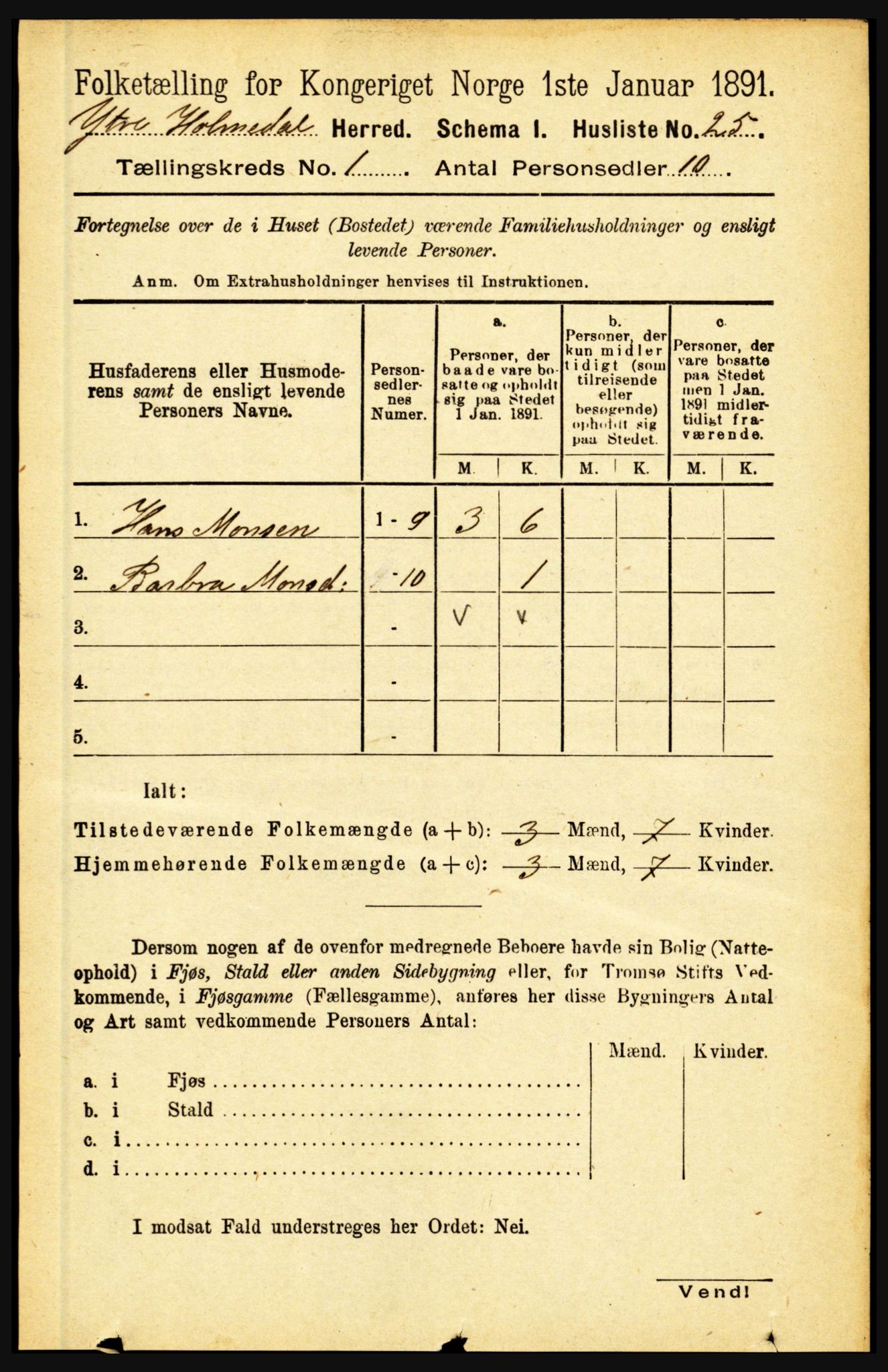 RA, 1891 census for 1429 Ytre Holmedal, 1891, p. 71