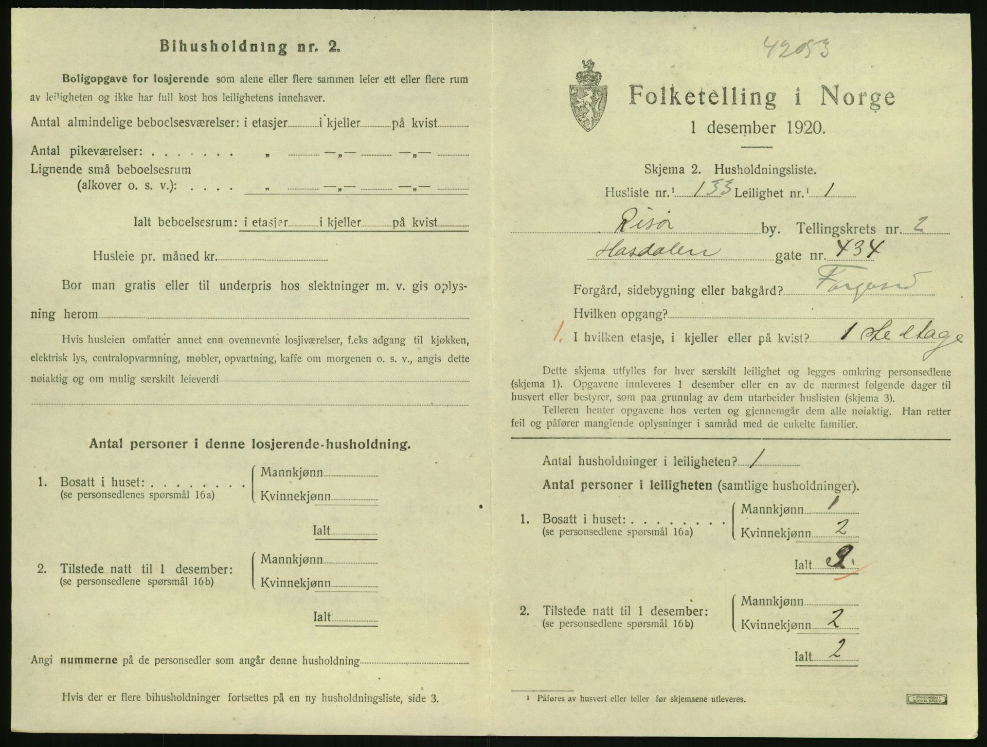 SAK, 1920 census for Risør, 1920, p. 2323