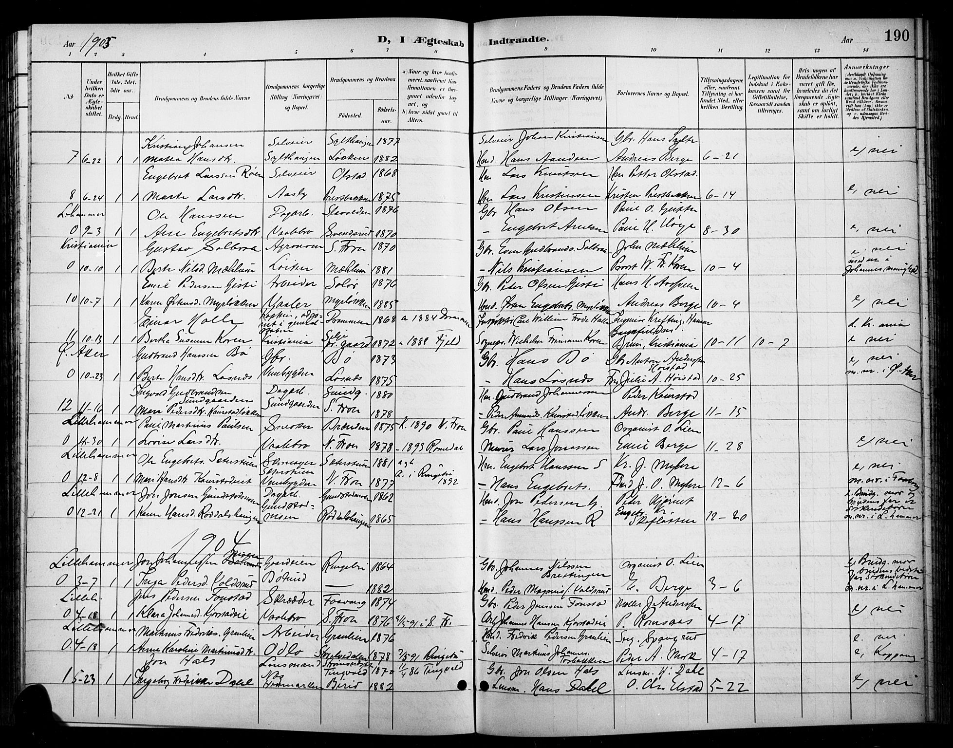 Ringebu prestekontor, SAH/PREST-082/H/Ha/Hab/L0009: Parish register (copy) no. 9, 1899-1921, p. 190