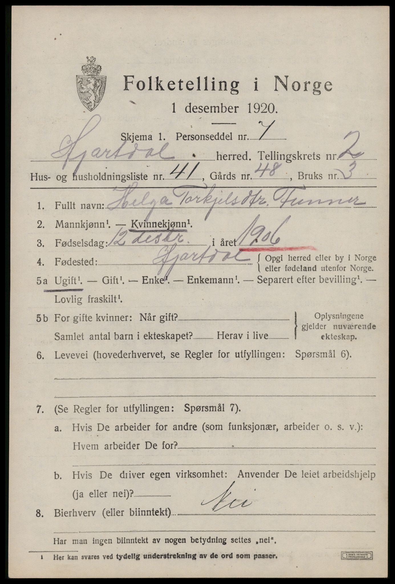 SAKO, 1920 census for Hjartdal, 1920, p. 2264