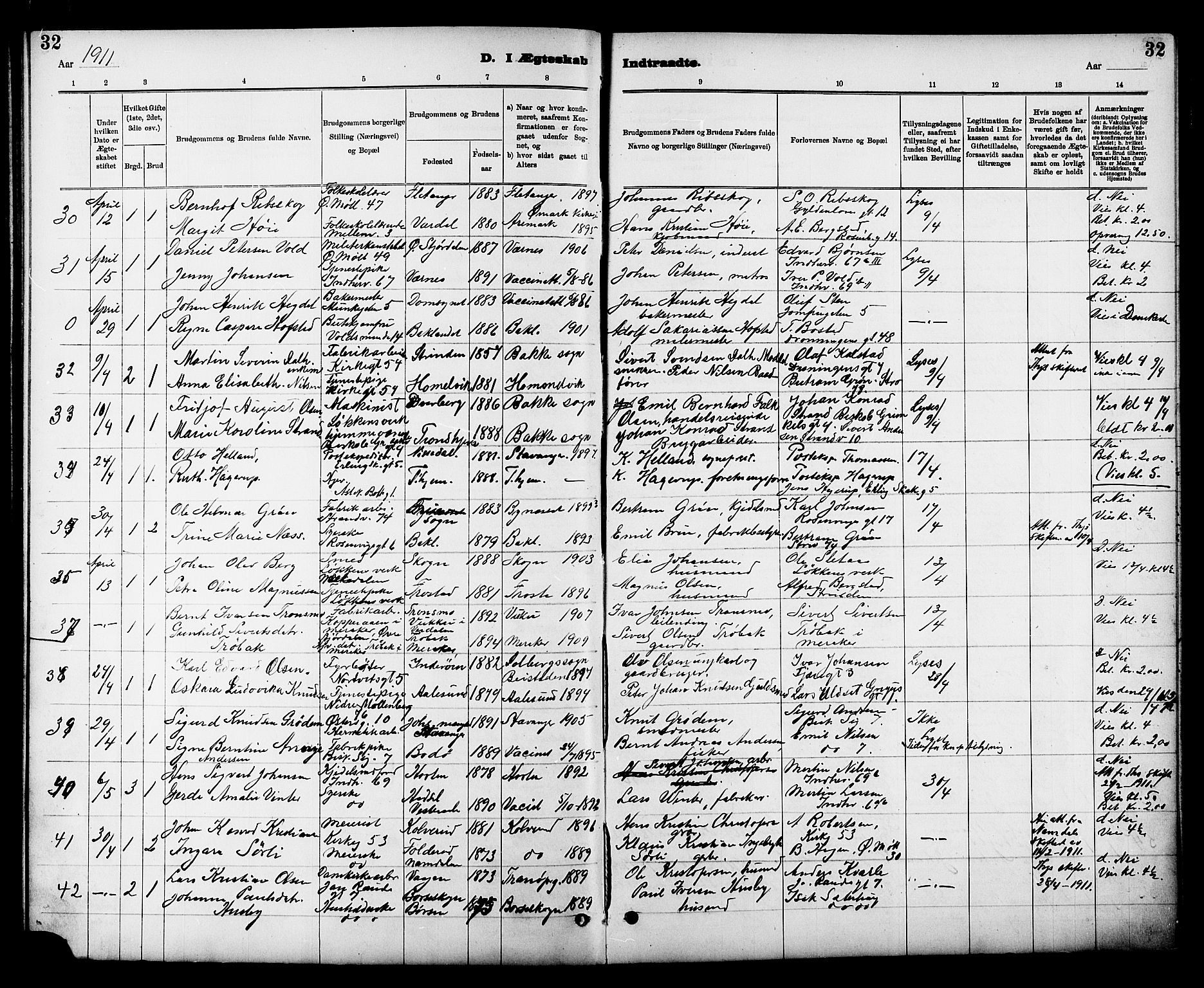 Ministerialprotokoller, klokkerbøker og fødselsregistre - Sør-Trøndelag, SAT/A-1456/605/L0255: Parish register (copy) no. 605C02, 1908-1918, p. 32