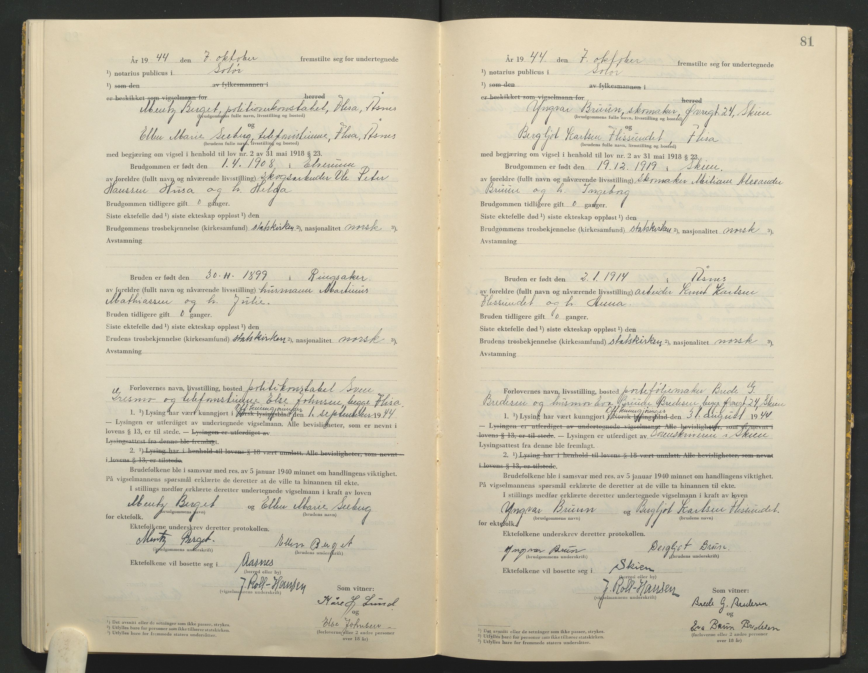 Solør tingrett, AV/SAH-TING-008/L/Lb/L0002: Vigselprotokoll, 1943-1944, p. 81