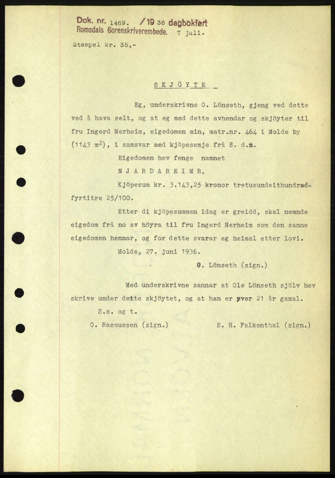 Romsdal sorenskriveri, AV/SAT-A-4149/1/2/2C: Mortgage book no. A1, 1936-1936, Diary no: : 1469/1936