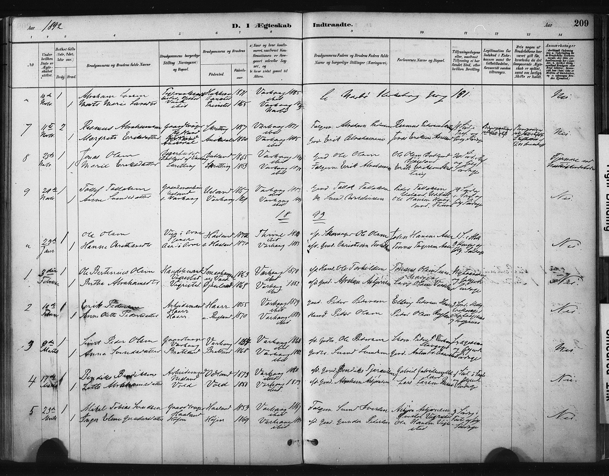 Hå sokneprestkontor, AV/SAST-A-101801/001/30BA/L0011: Parish register (official) no. A 10, 1879-1900, p. 209