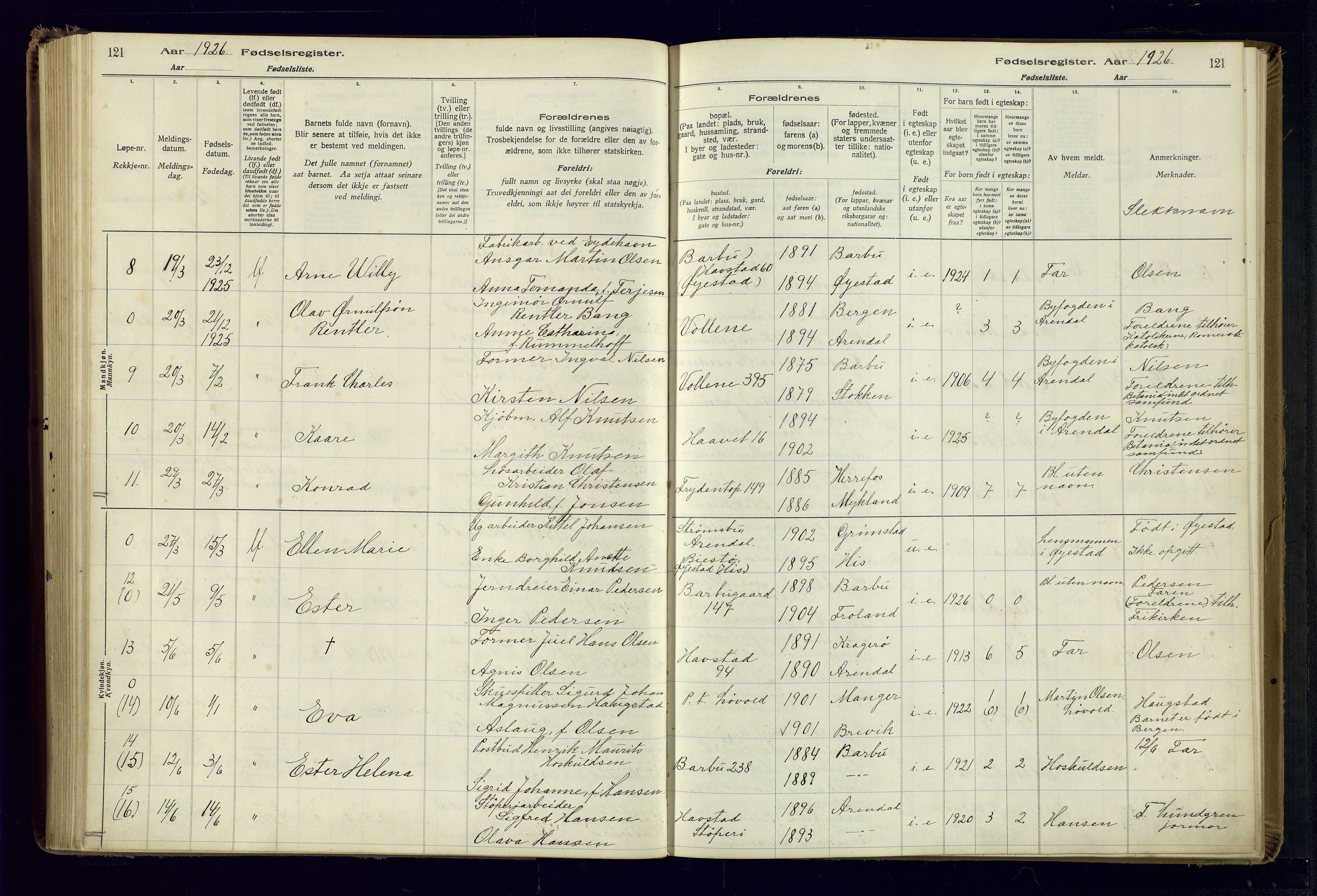 Barbu sokneprestkontor, AV/SAK-1111-0003/J/Ja/L0001: Birth register no. A-VIII-1, 1916-1937, p. 121