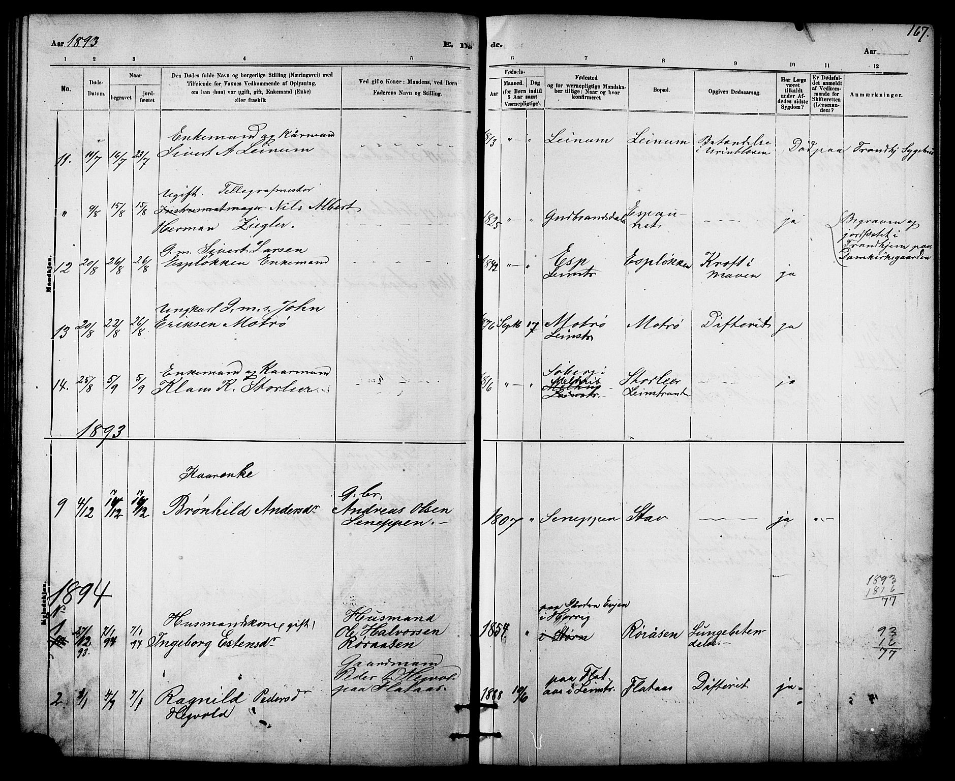 Ministerialprotokoller, klokkerbøker og fødselsregistre - Sør-Trøndelag, SAT/A-1456/613/L0395: Parish register (copy) no. 613C03, 1887-1909, p. 167