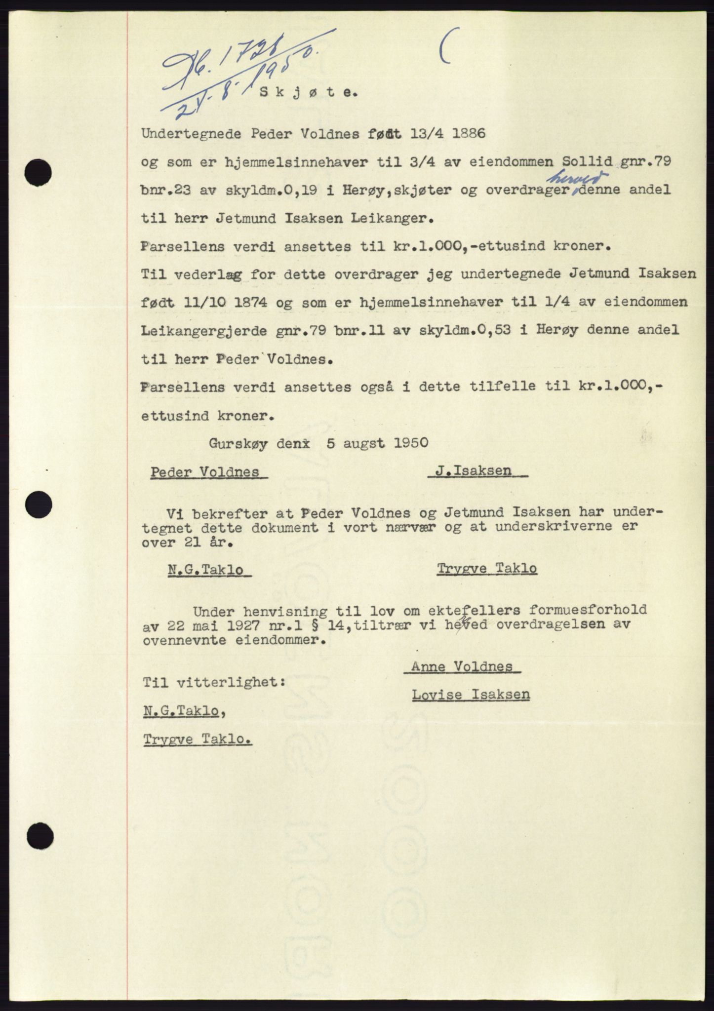 Søre Sunnmøre sorenskriveri, AV/SAT-A-4122/1/2/2C/L0087: Mortgage book no. 13A, 1950-1950, Diary no: : 1728/1950