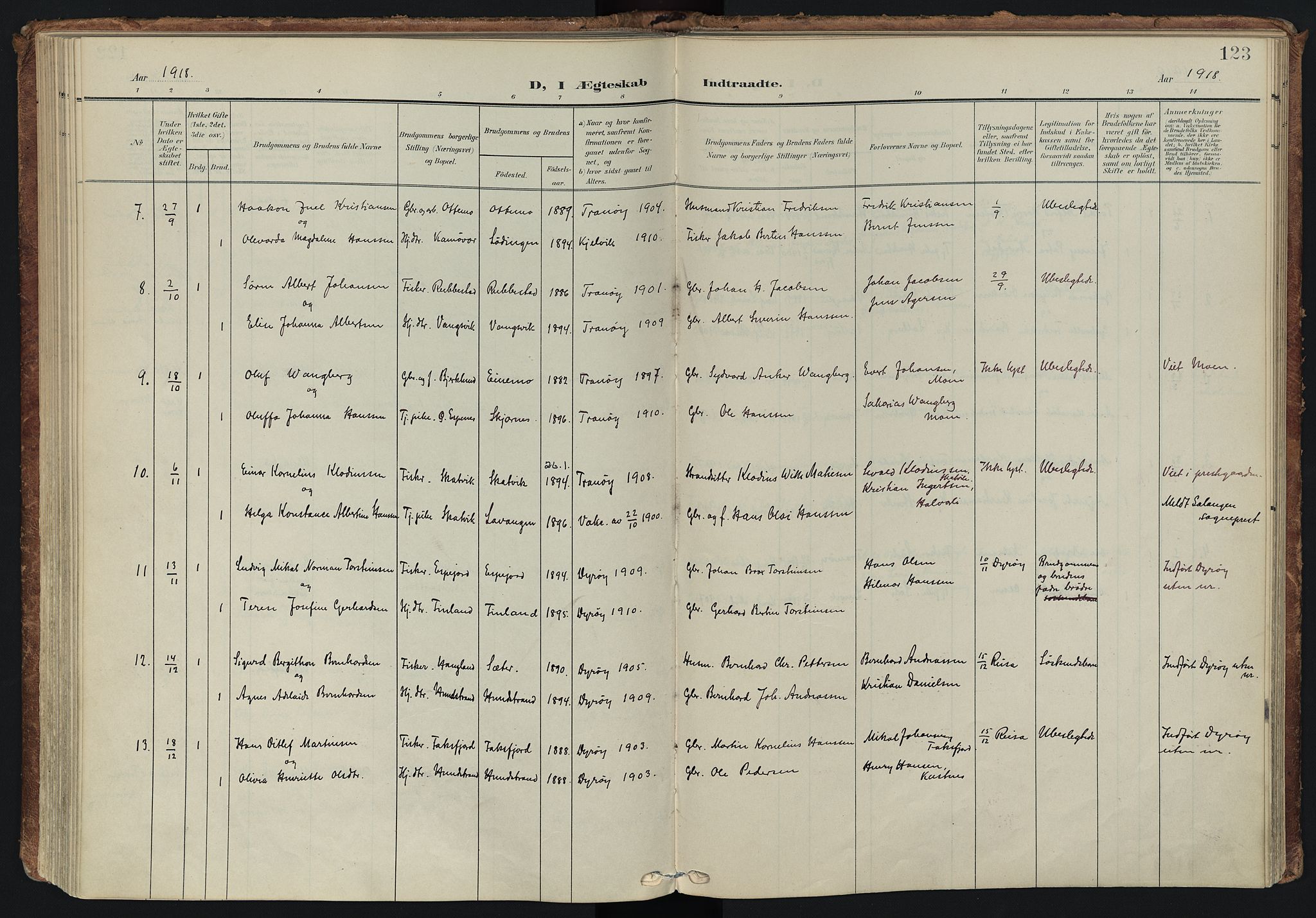 Tranøy sokneprestkontor, AV/SATØ-S-1313/I/Ia/Iaa/L0014kirke: Parish register (official) no. 14, 1905-1919, p. 123