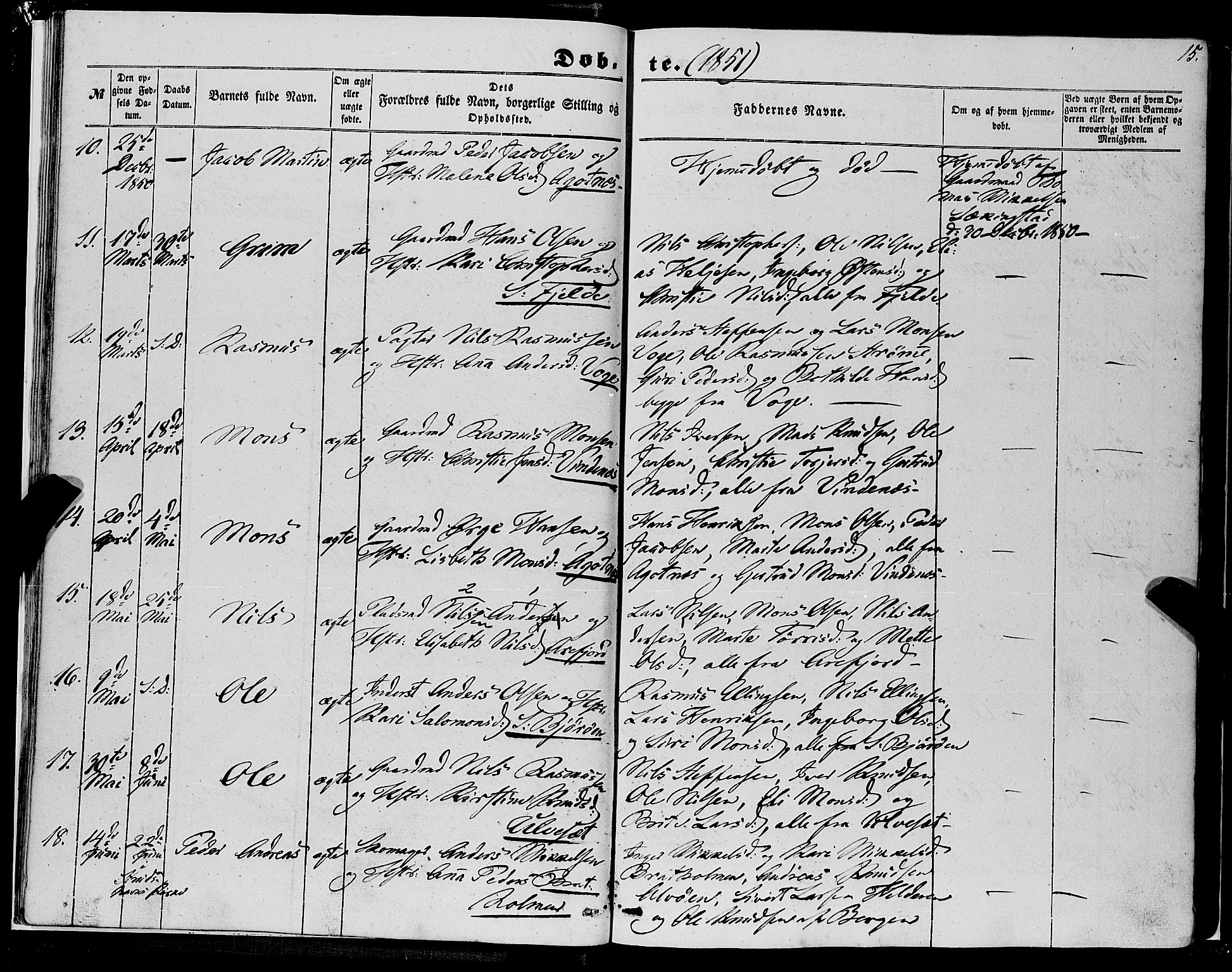 Fjell sokneprestembete, SAB/A-75301/H/Haa: Parish register (official) no. A 2, 1847-1864, p. 15