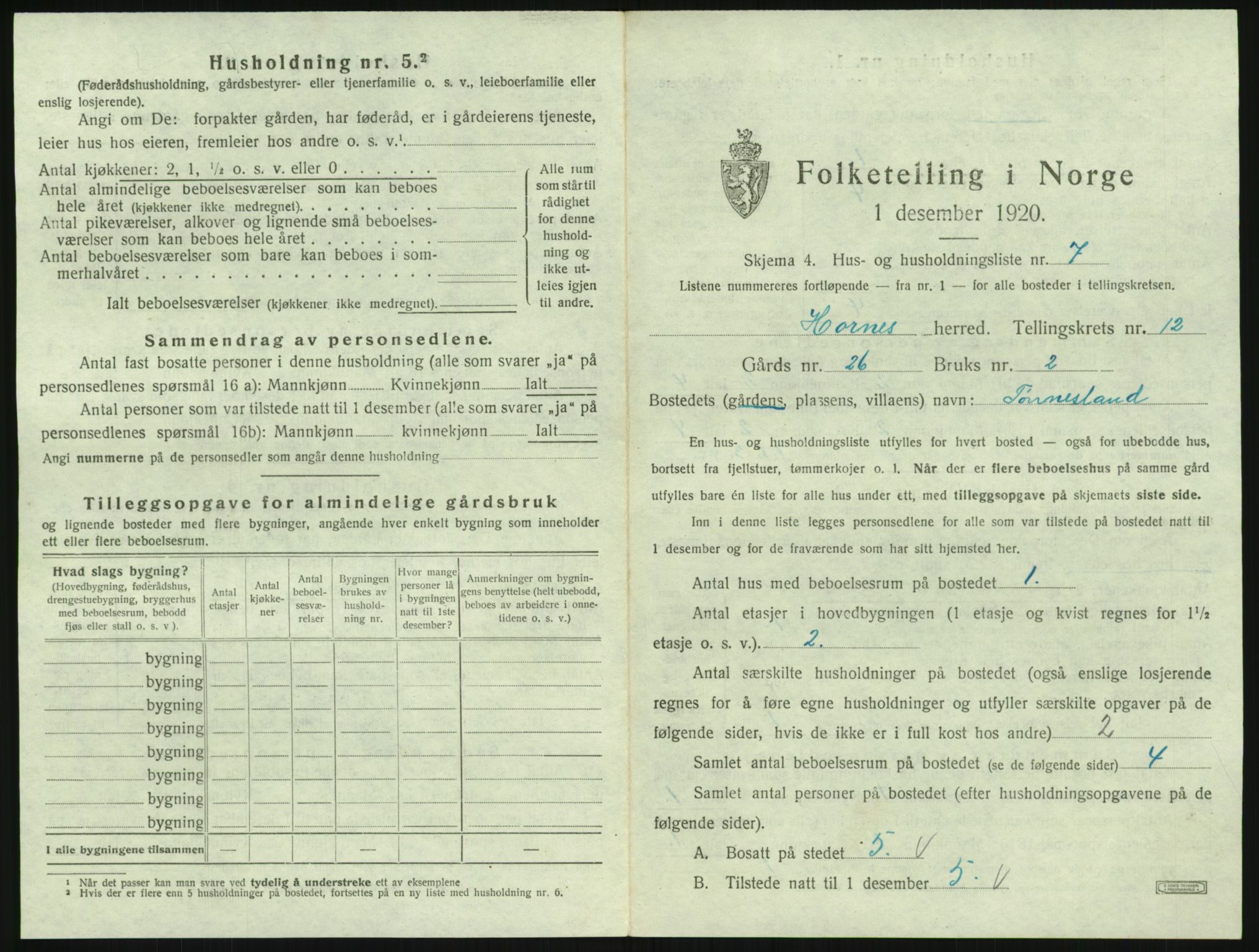 SAK, 1920 census for Hornnes, 1920, p. 485